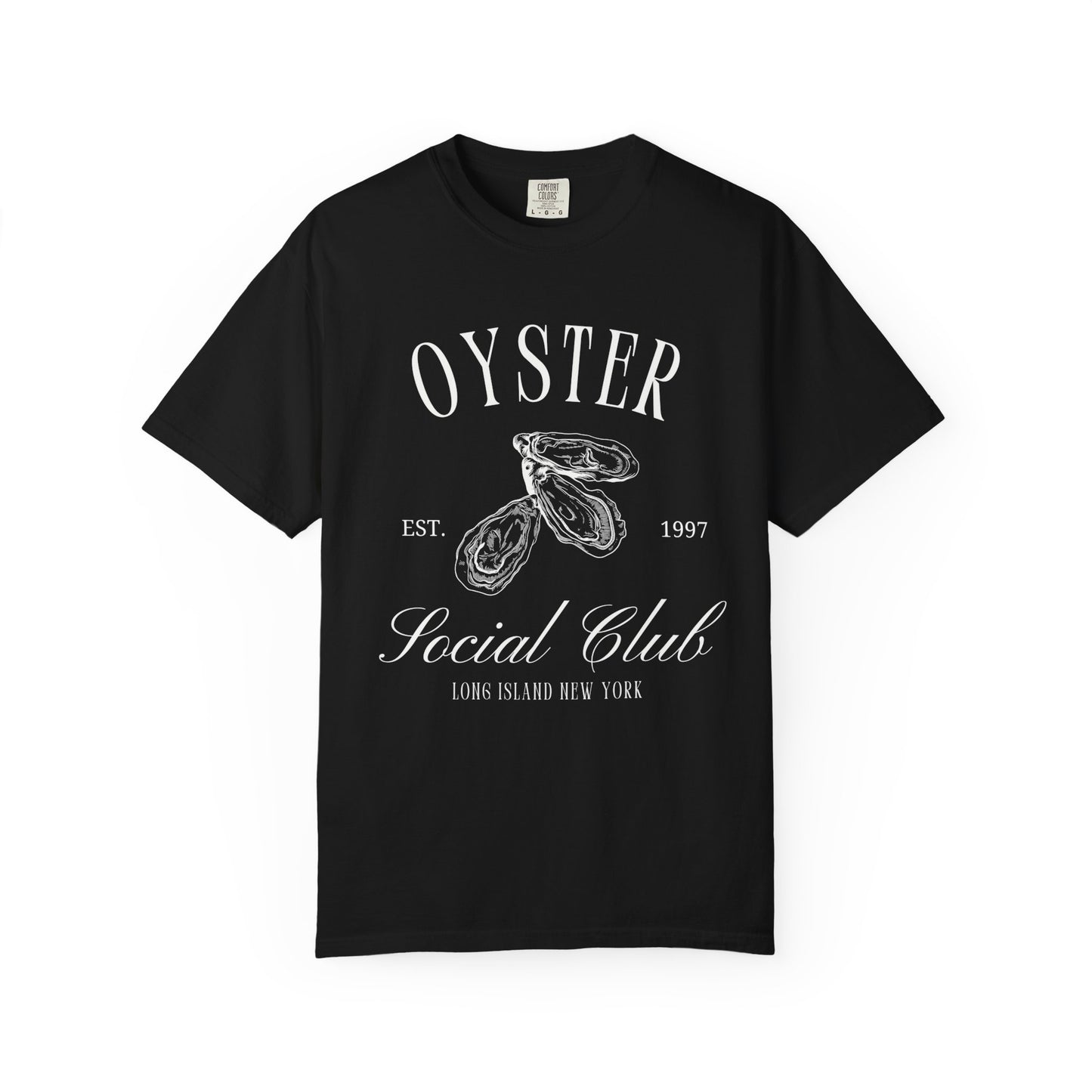 T-shirt with vintage oyster social club design featuring three detailed oyster illustrations