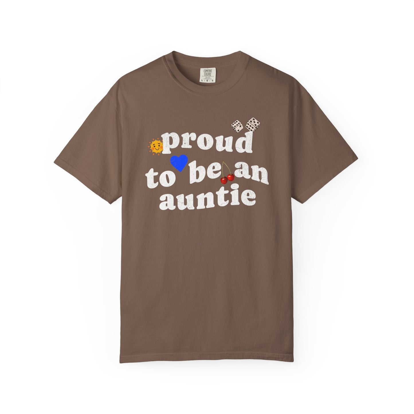 T-shirt with distressed text 'proud to be an auntie' featuring sun, heart, dice and cherries