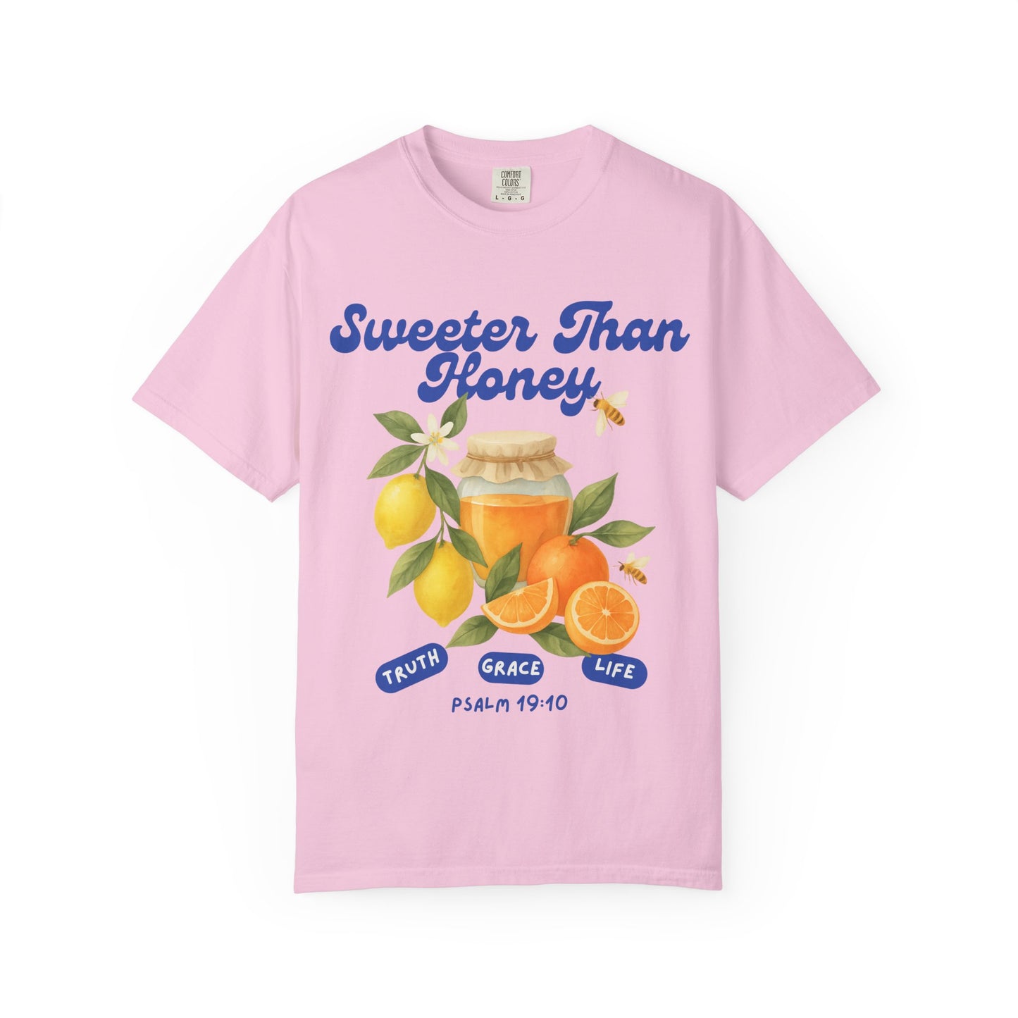 Christian t-shirt with Sweeter Than Honey Psalm 19:10 design featuring watercolor honey jar, citrus fruits, and bees