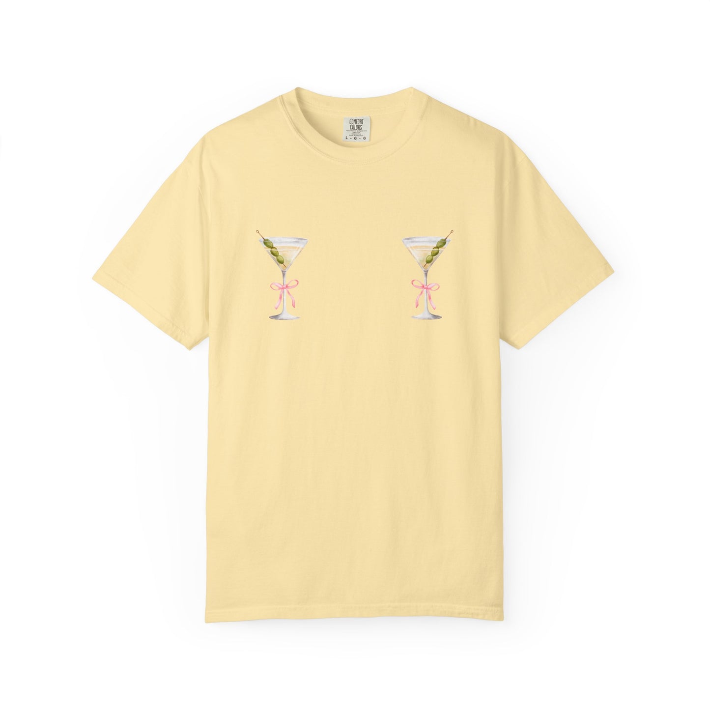 T-shirt design with two martini glasses containing olives and pink bow details creating a humorous cocktail theme