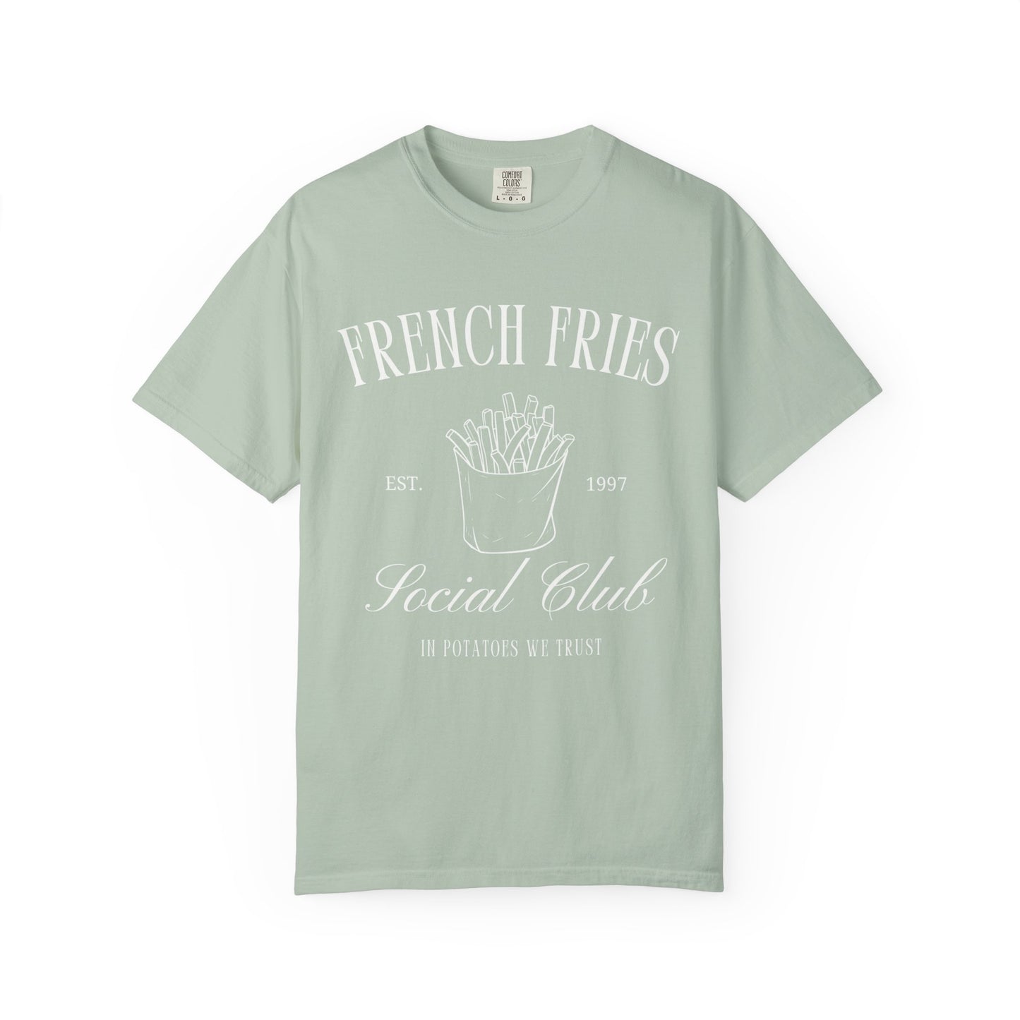 T-shirt with French Fries Social Club design featuring hand-drawn fries illustration and vintage typography