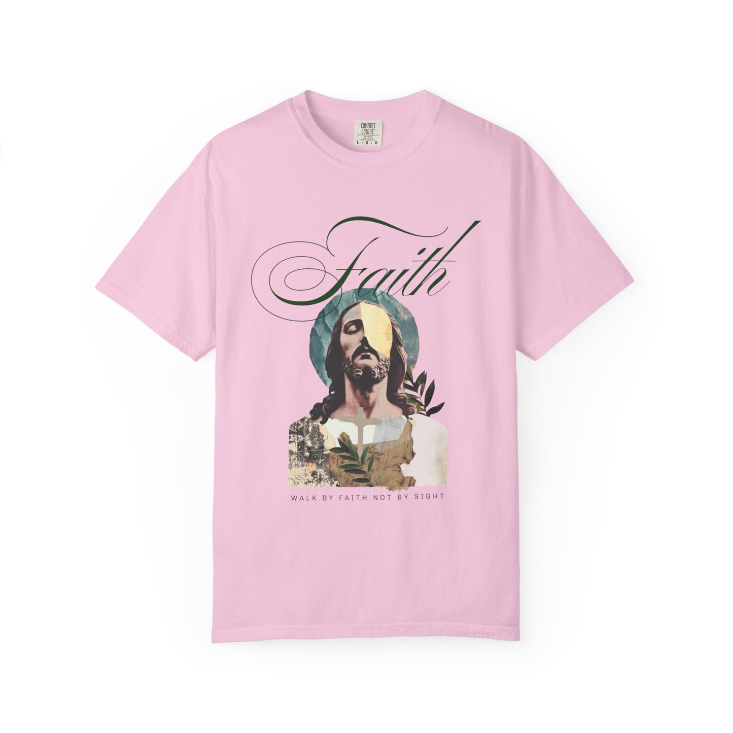 Jesus t-shirt with artistic collage design featuring Christ's face and Walk By Faith Not By Sight text