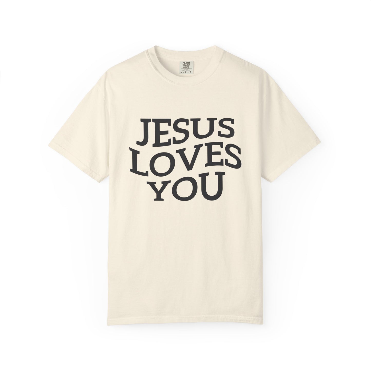 T-shirt with bold black text reading 'JESUS LOVES YOU' in large serif typography