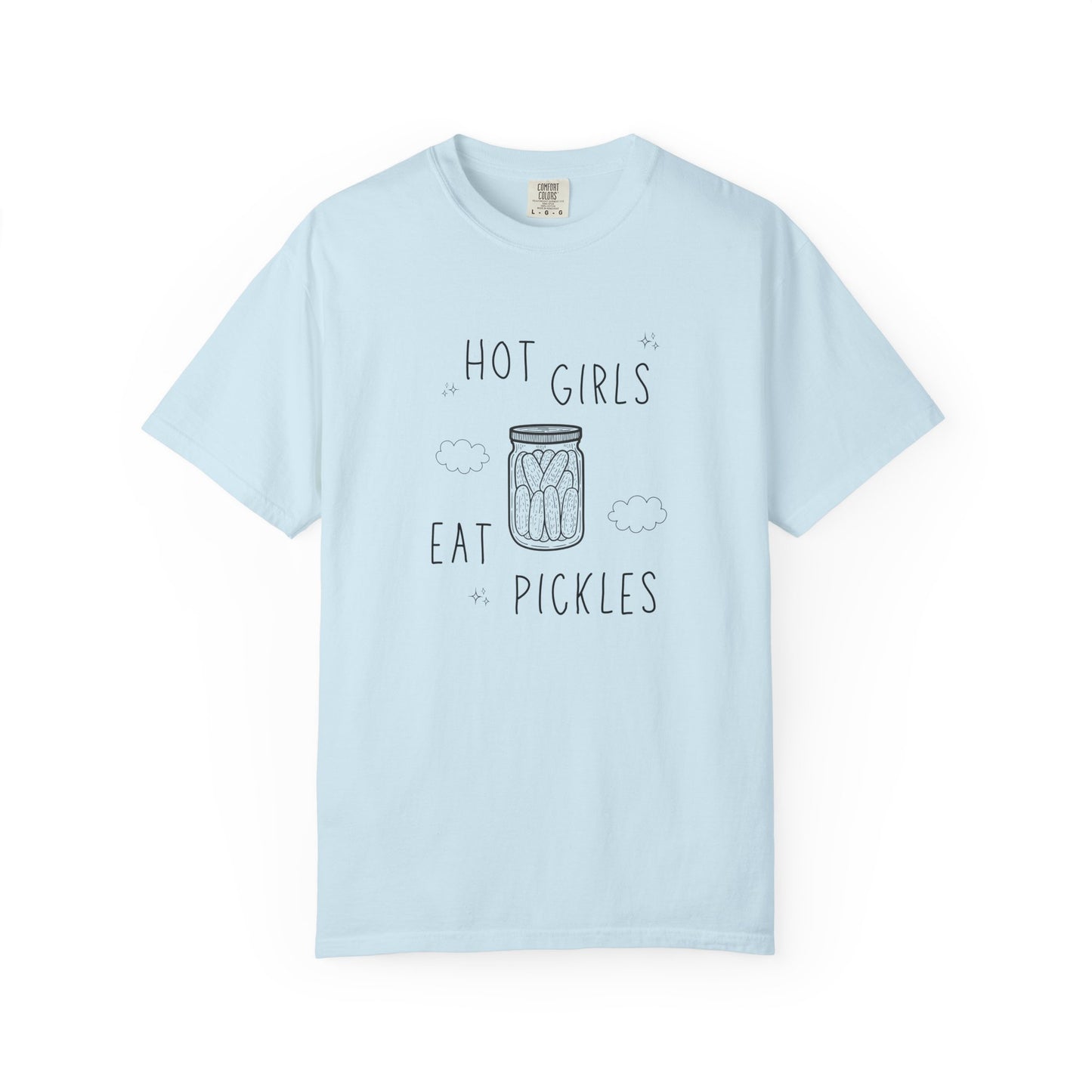 T-shirt with hand-lettered 'Hot Girls Eat Pickles' text and illustrated pickle jar with clouds