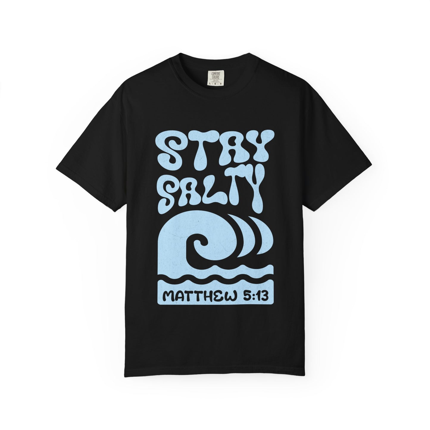 Christian t-shirt with 'Stay Salty' text and ocean wave design referencing Matthew 5:13