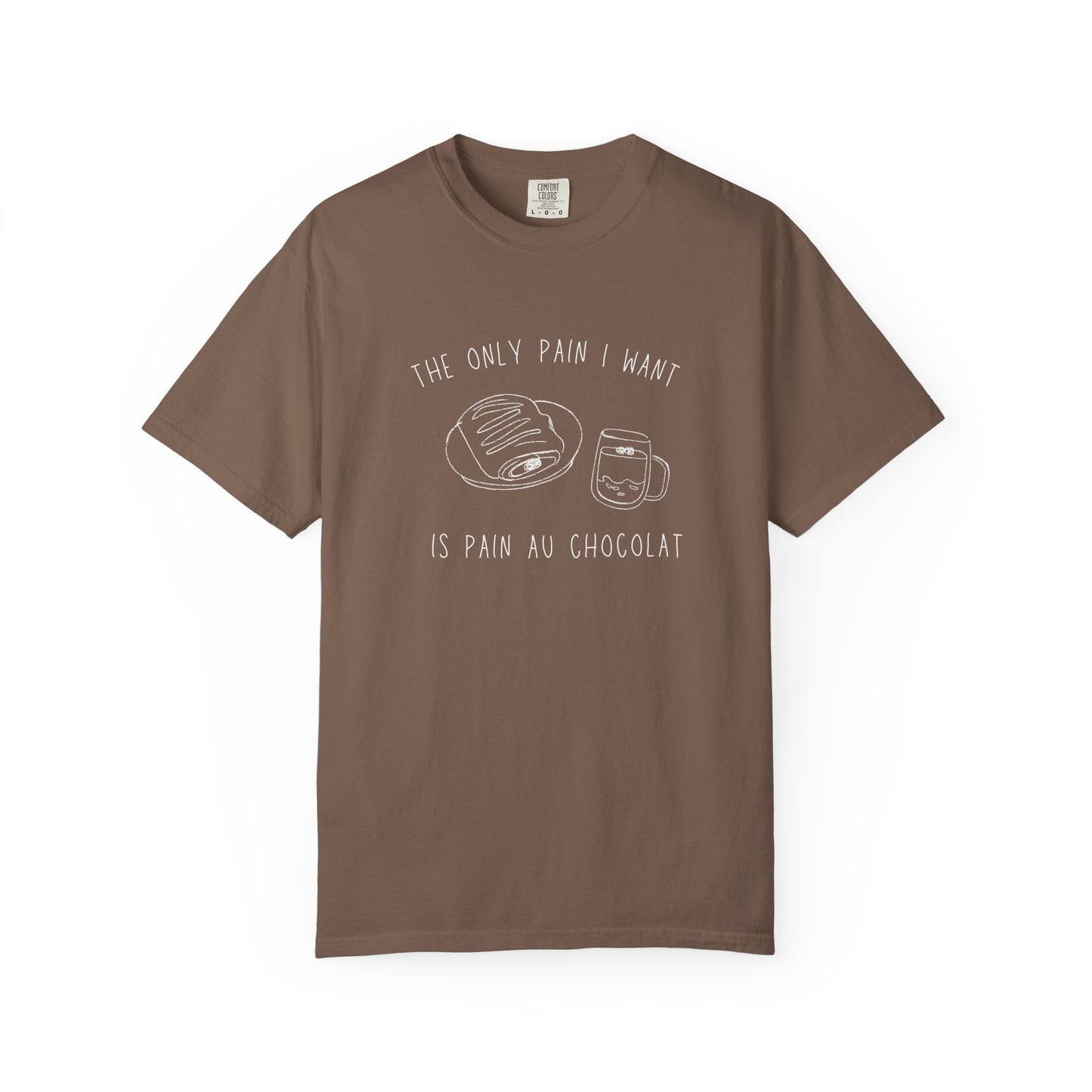 T-shirt with hand-drawn croissant and coffee cup illustration and funny baking text