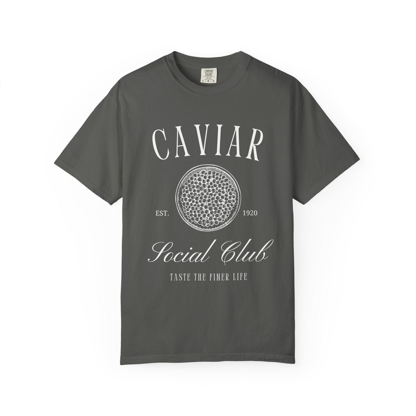 T-shirt with vintage caviar social club logo featuring caviar tin graphic and elegant typography