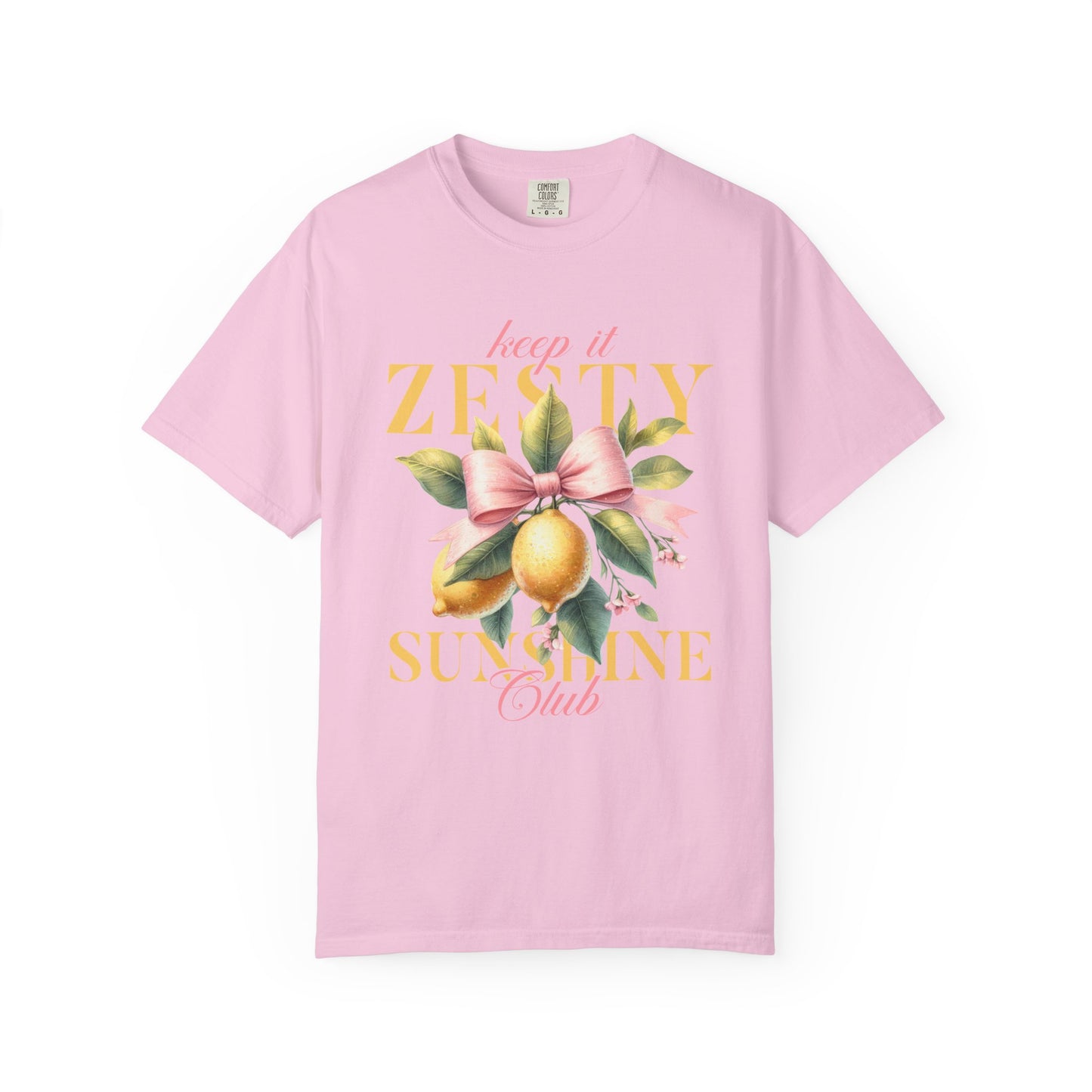 T-shirt with Keep It Zesty Sunshine Club text featuring watercolor lemons with pink bow and green leaves