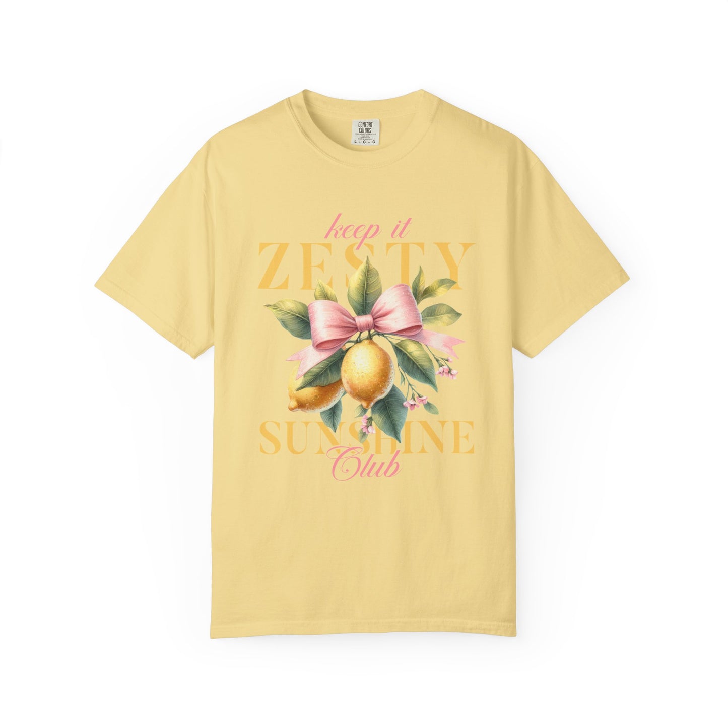 T-shirt with Keep It Zesty Sunshine Club text featuring watercolor lemons with pink bow and green leaves