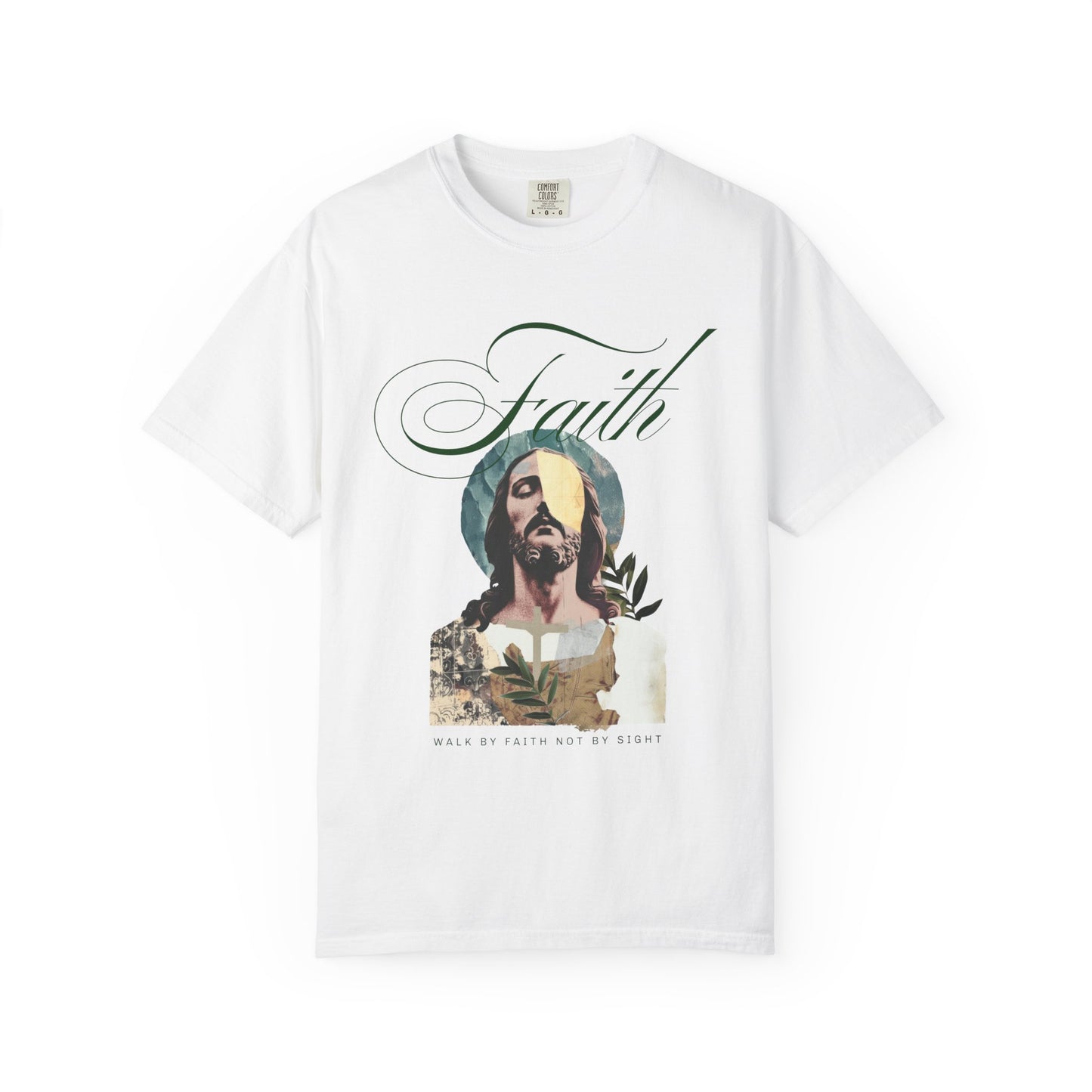 Jesus t-shirt with artistic collage design featuring Christ's face and Walk By Faith Not By Sight text