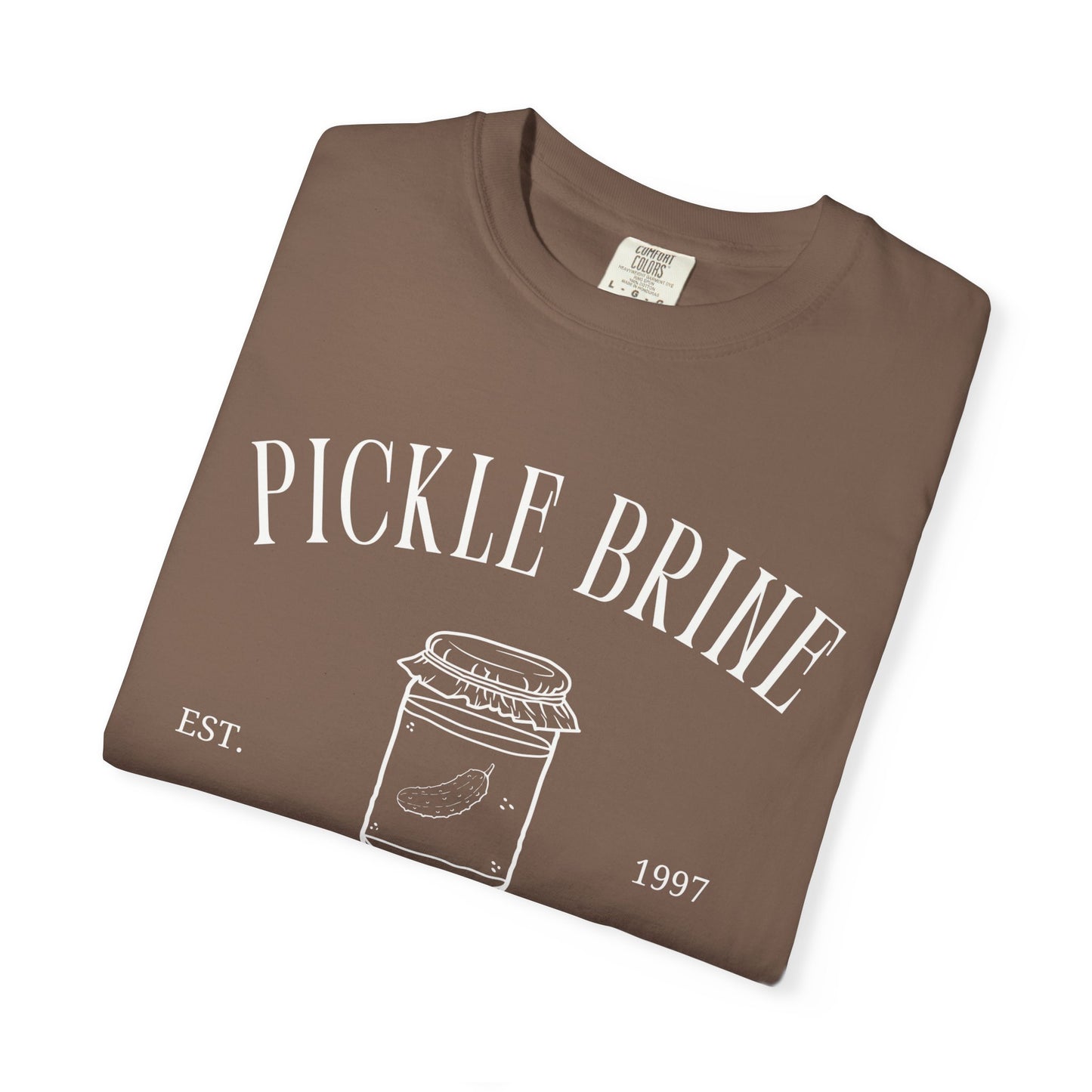 T-shirt with vintage pickle brine social club design featuring mason jar with pickle illustration
