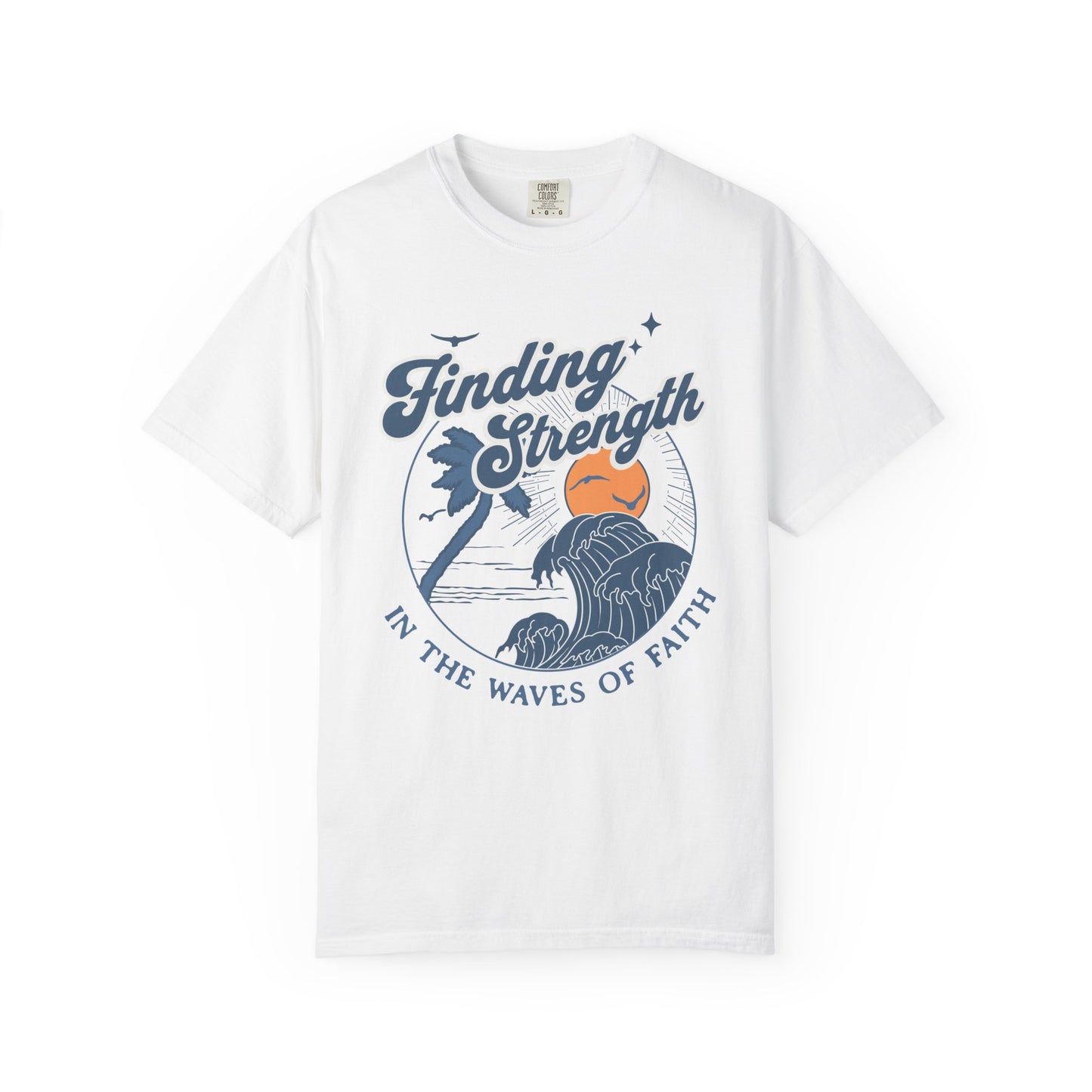T-shirt with retro Christian design featuring palm tree, sunset, and ocean waves with Finding Strength text