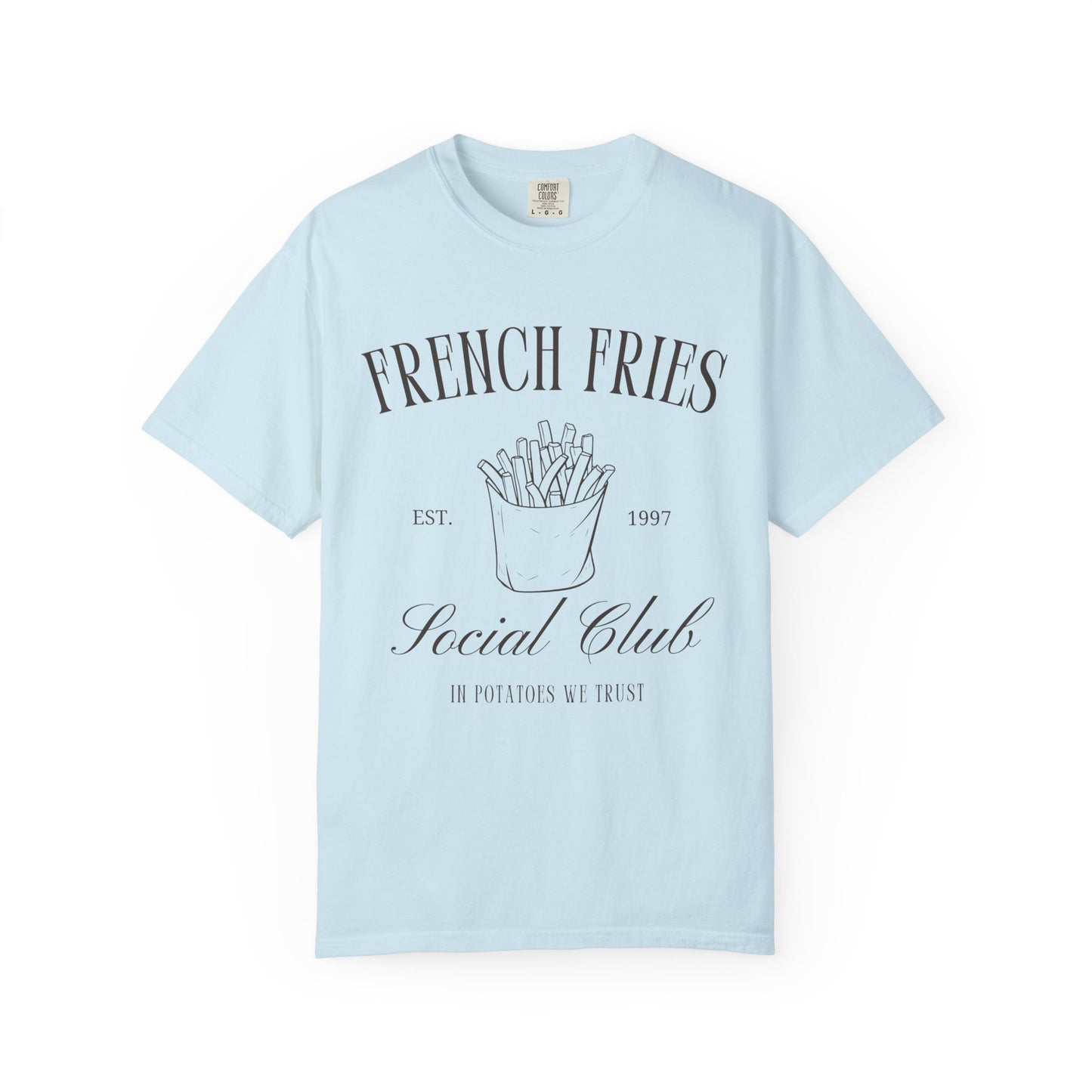 T-shirt with French Fries Social Club design featuring hand-drawn fries illustration and vintage typography