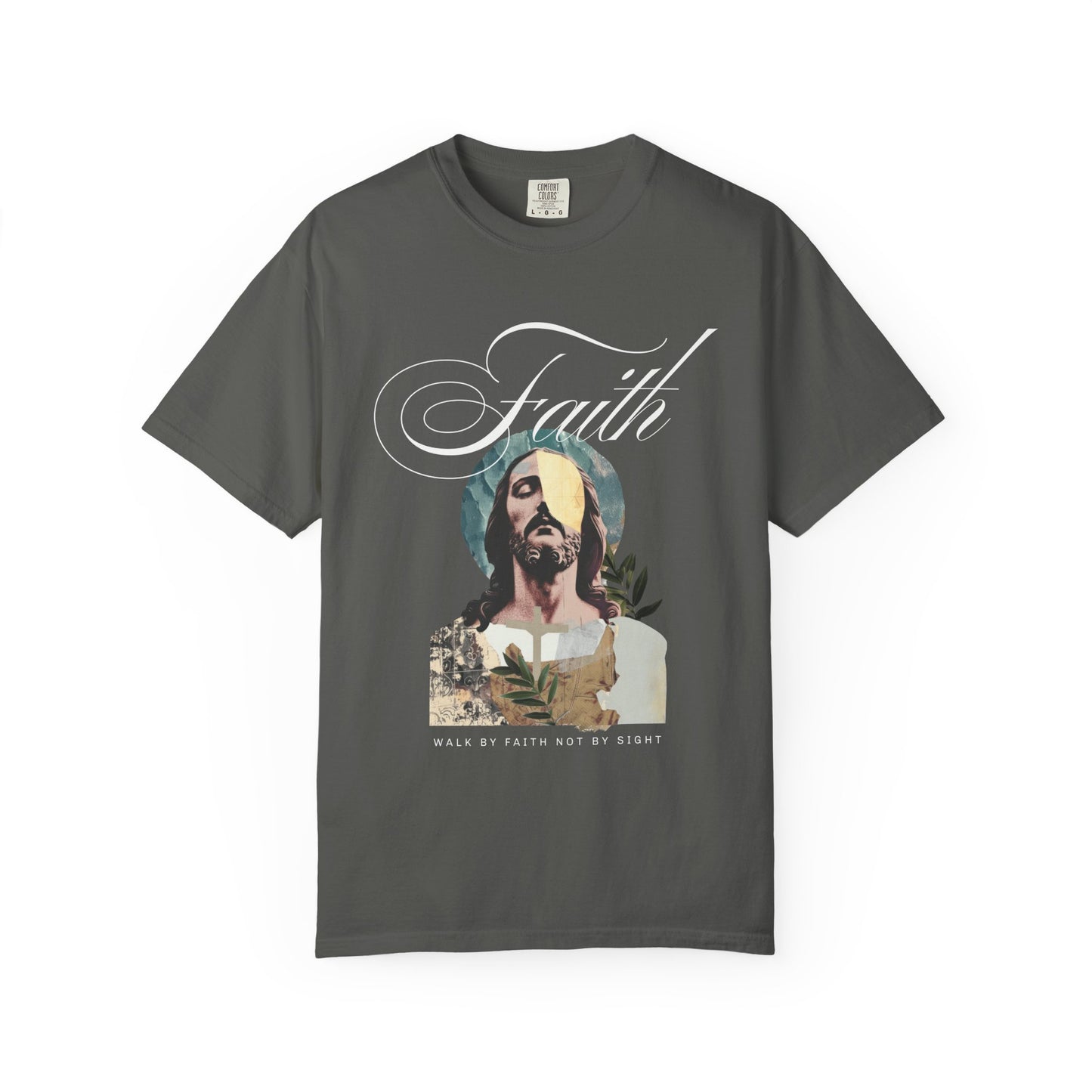 Jesus t-shirt with artistic collage design featuring Christ's face and Walk By Faith Not By Sight text