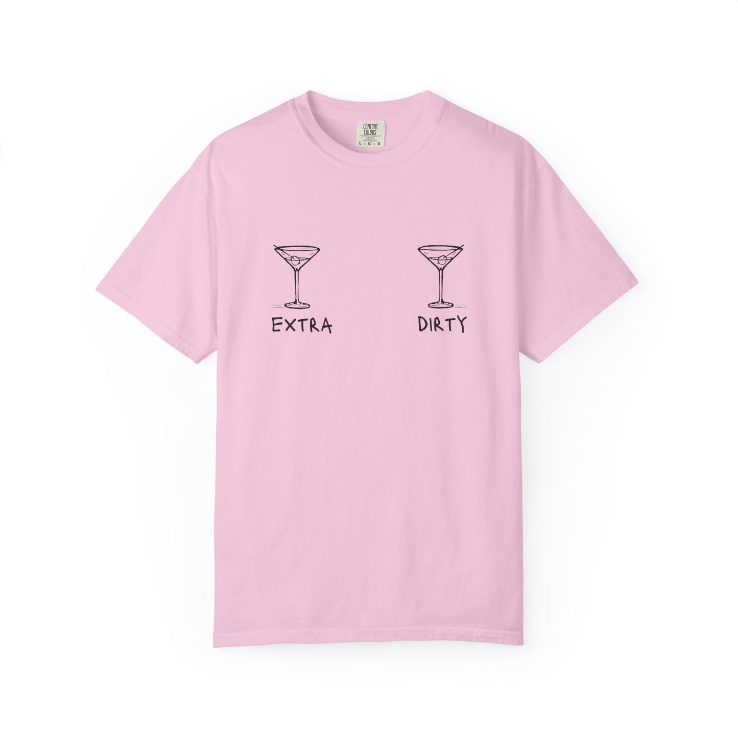 T-shirt with two martini glass illustrations and 'Extra' and 'Dirty' text in black