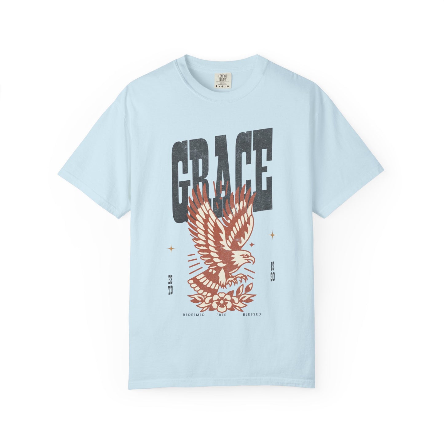 Christian t-shirt with vintage eagle design in orange and cream colors featuring Grace text and decorative elements