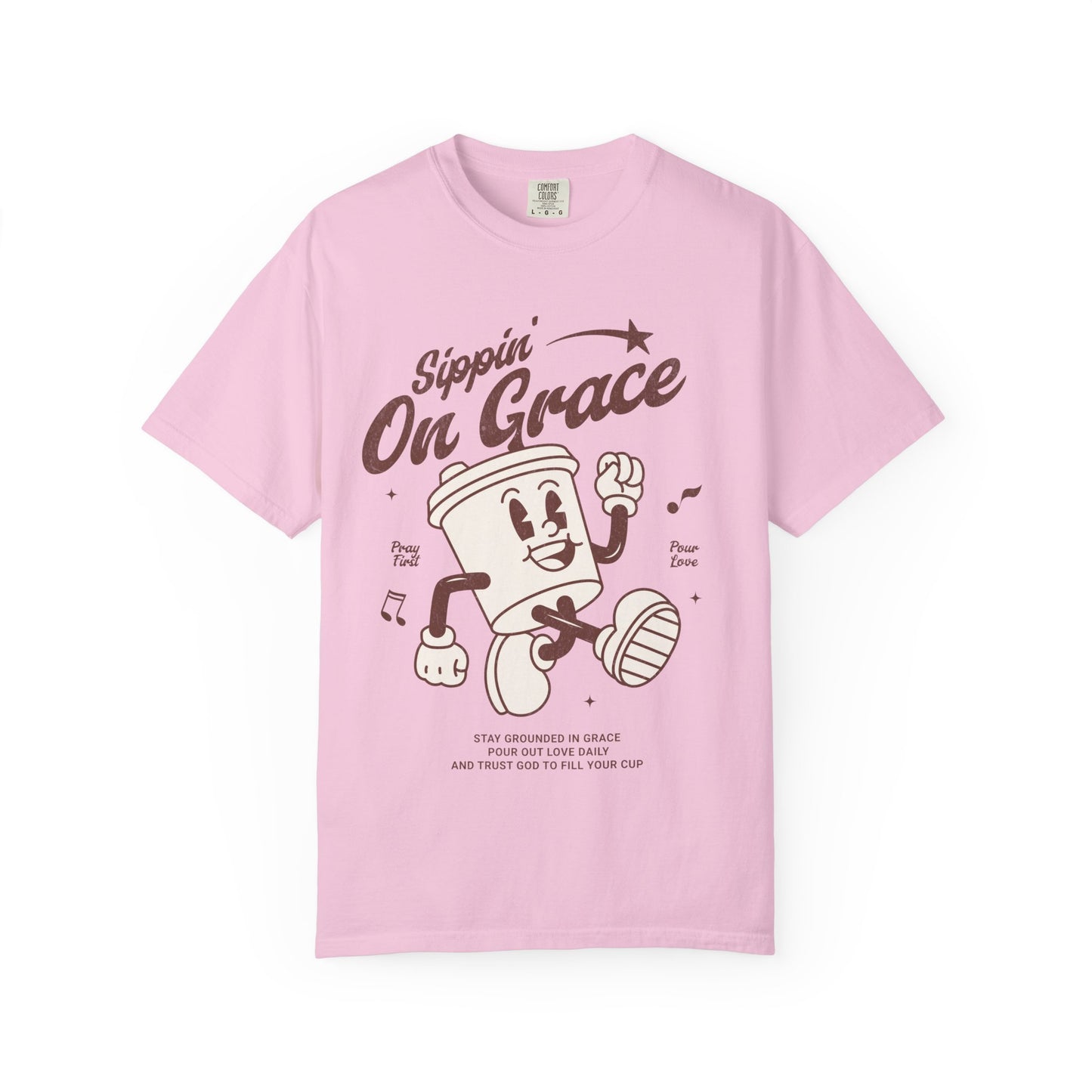 Christian t-shirt with cartoon coffee cup character and 'Sippin' On Grace' text in brown design