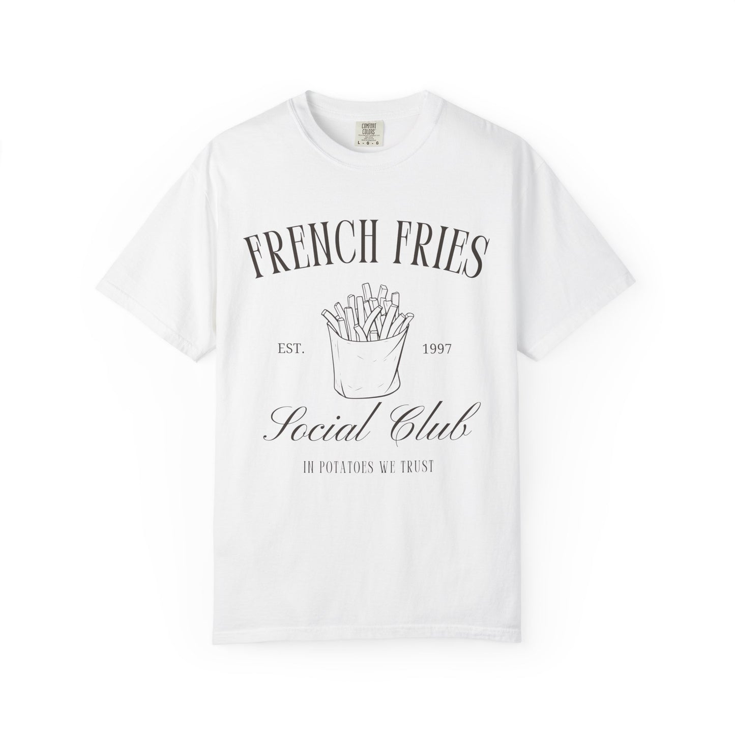 T-shirt with French Fries Social Club design featuring hand-drawn fries illustration and vintage typography