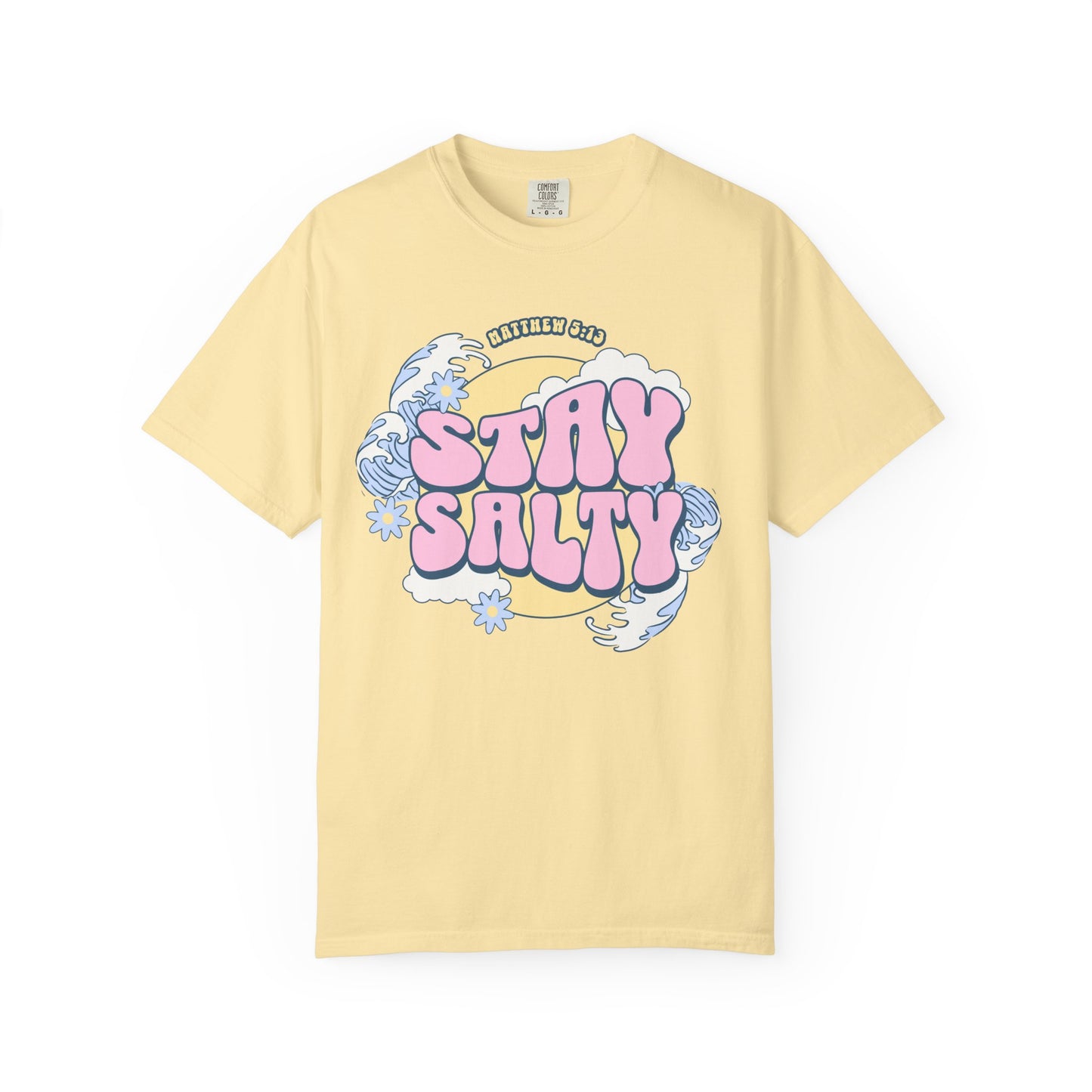 T-shirt with wavy font Stay Salty Matthew 5:13 text in pink bubble letters with ocean waves and flowers