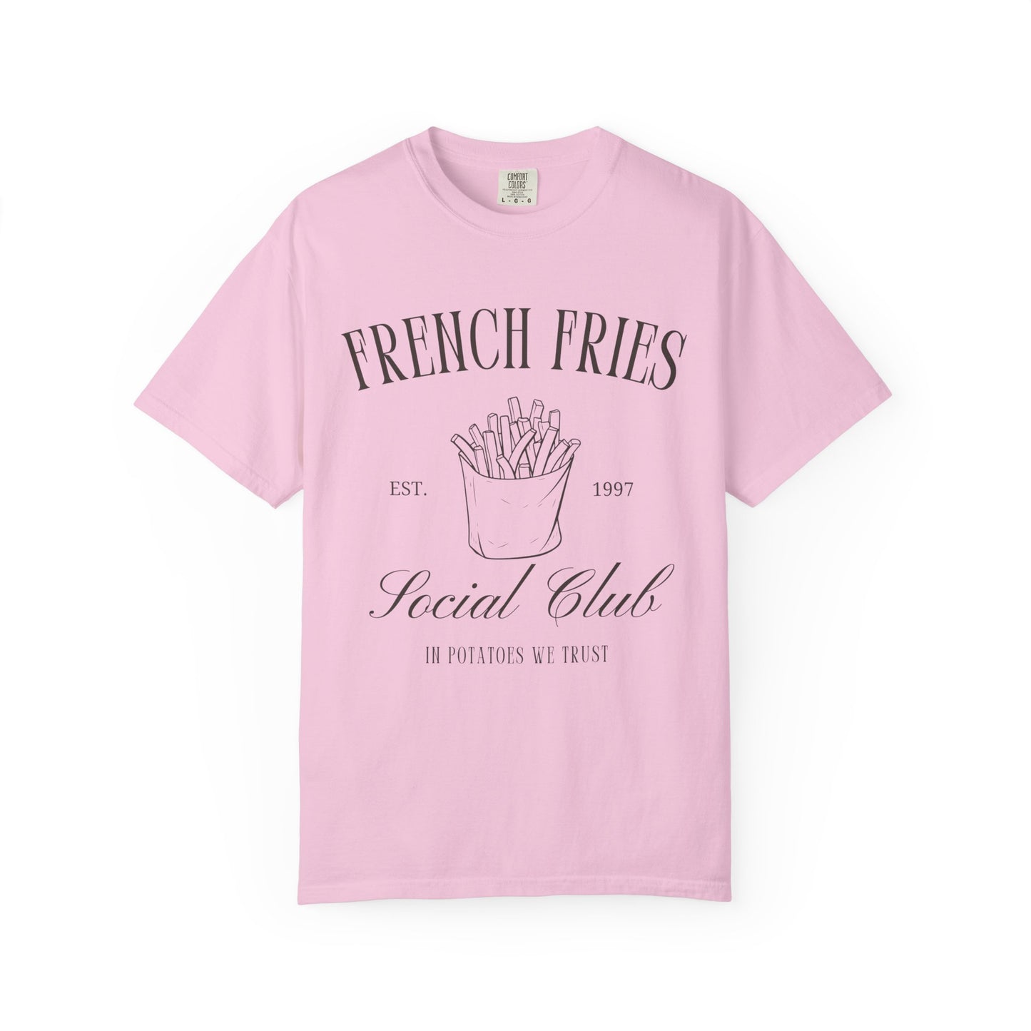 T-shirt with French Fries Social Club design featuring hand-drawn fries illustration and vintage typography