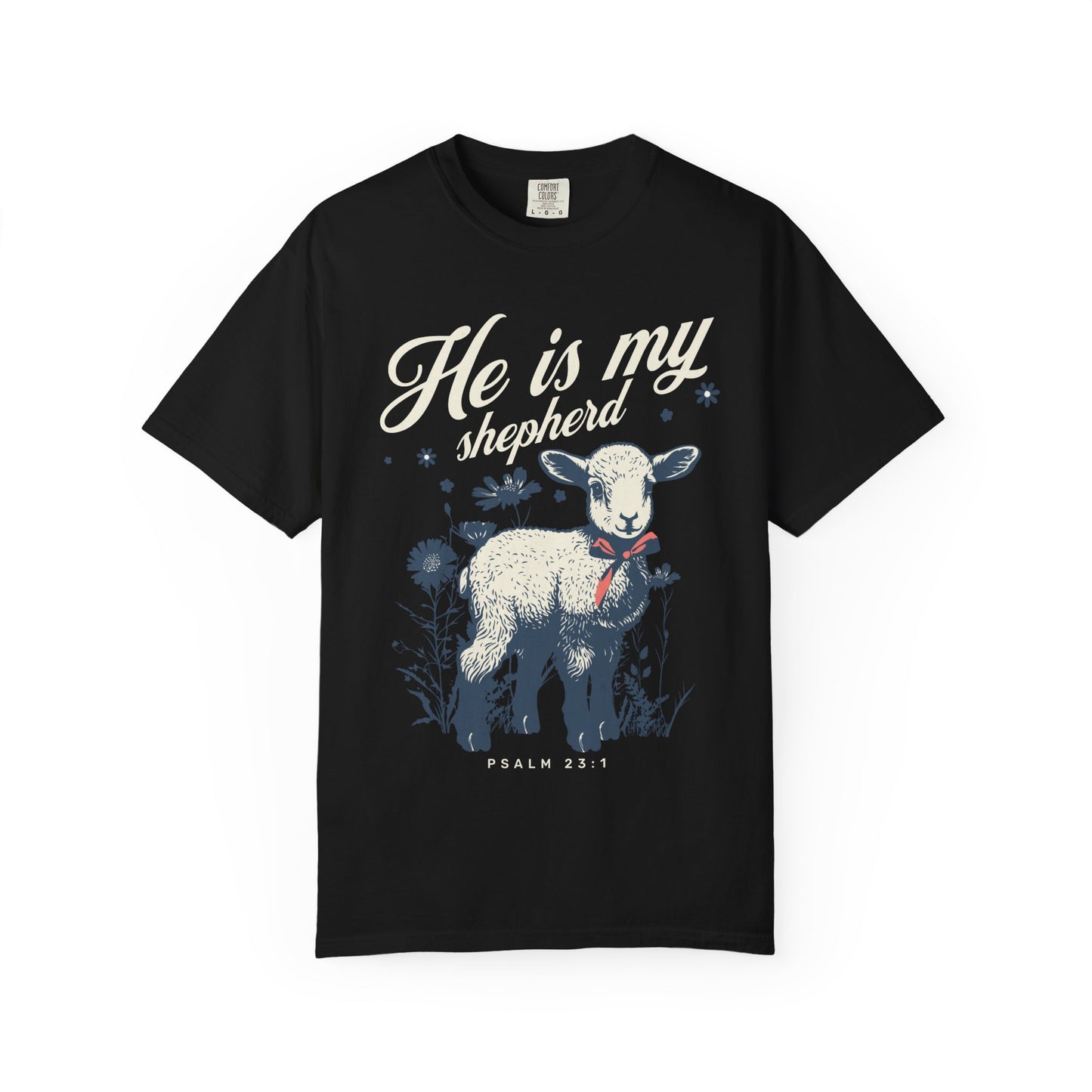 Christian t-shirt featuring adorable lamb with wildflowers and 'He Is My Shepherd' text in teal