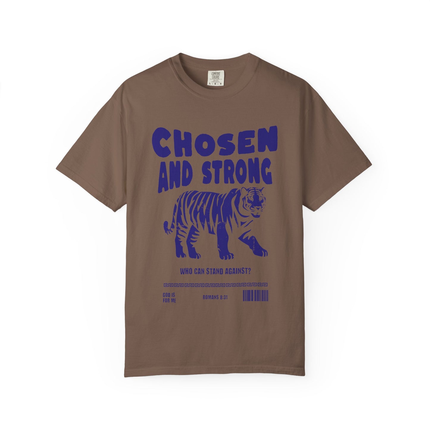Christian t-shirt with tiger graphic and 'Chosen and Strong' text featuring Romans 8:31 verse