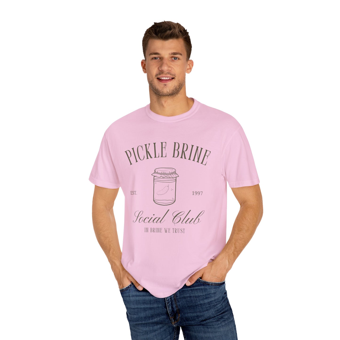 T-shirt with vintage pickle brine social club design featuring mason jar with pickle illustration