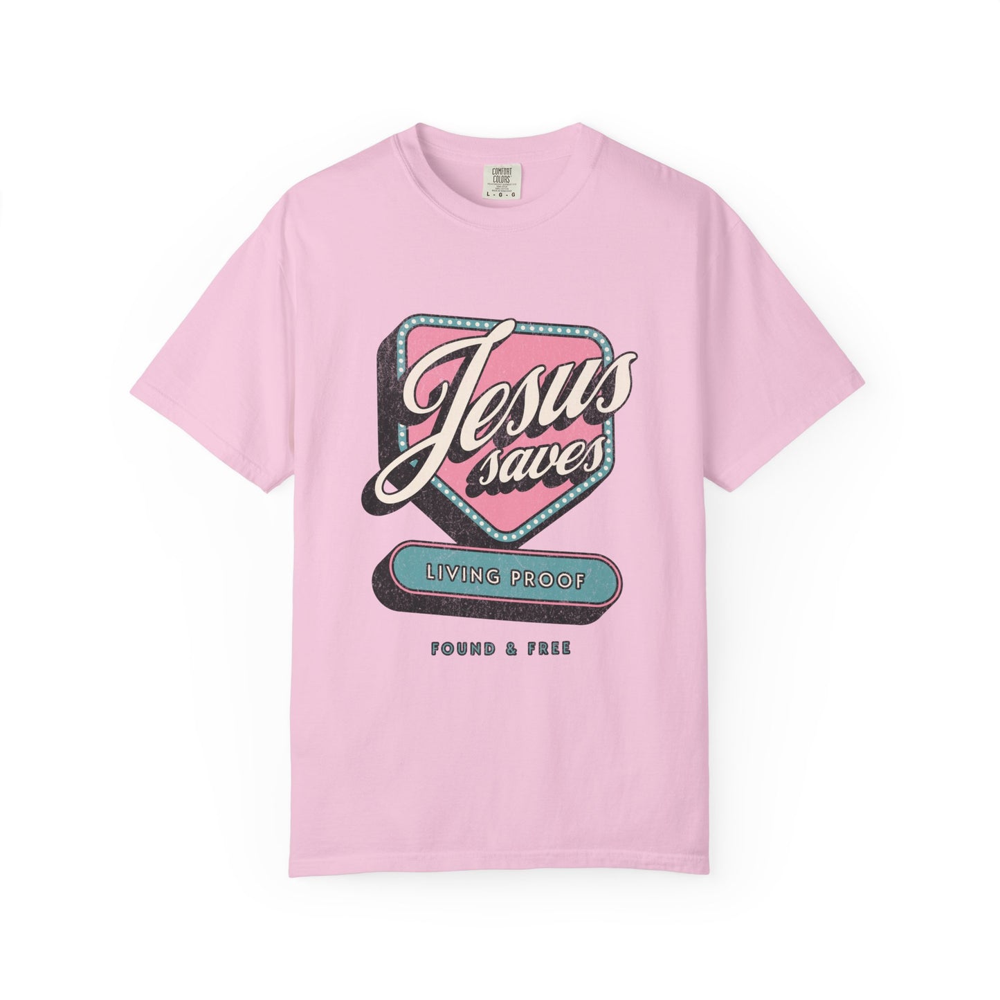 T-shirt with retro Jesus Saves design in pink and blue with distressed vintage styling