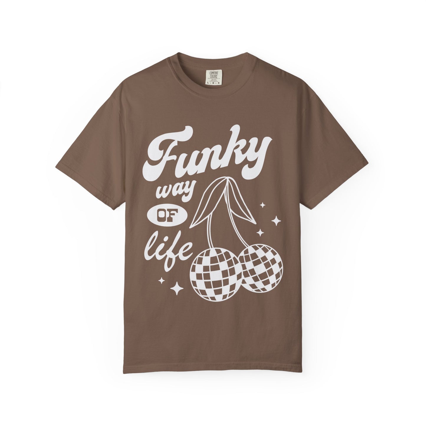 T-shirt with red retro cherry design featuring checkered disco ball cherries and funky typography