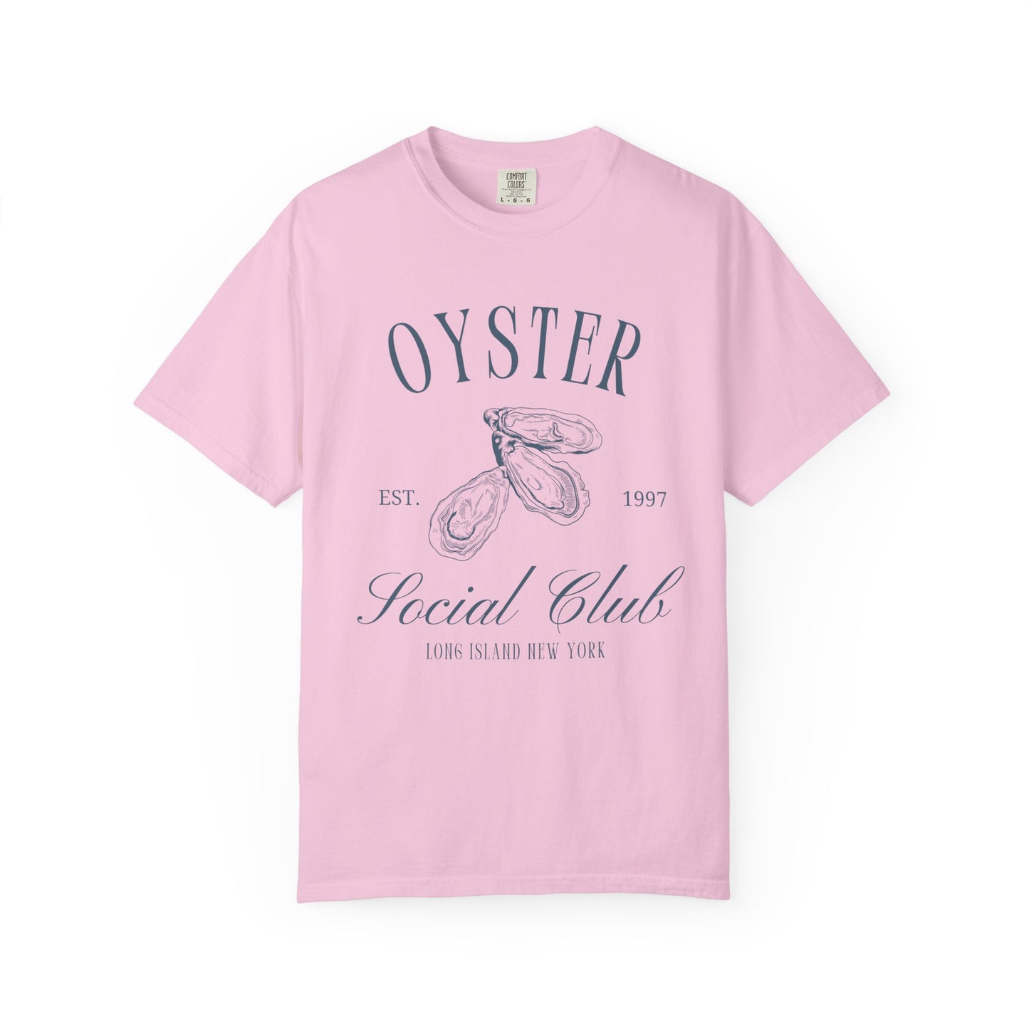 T-shirt with vintage oyster social club design featuring three detailed oyster illustrations