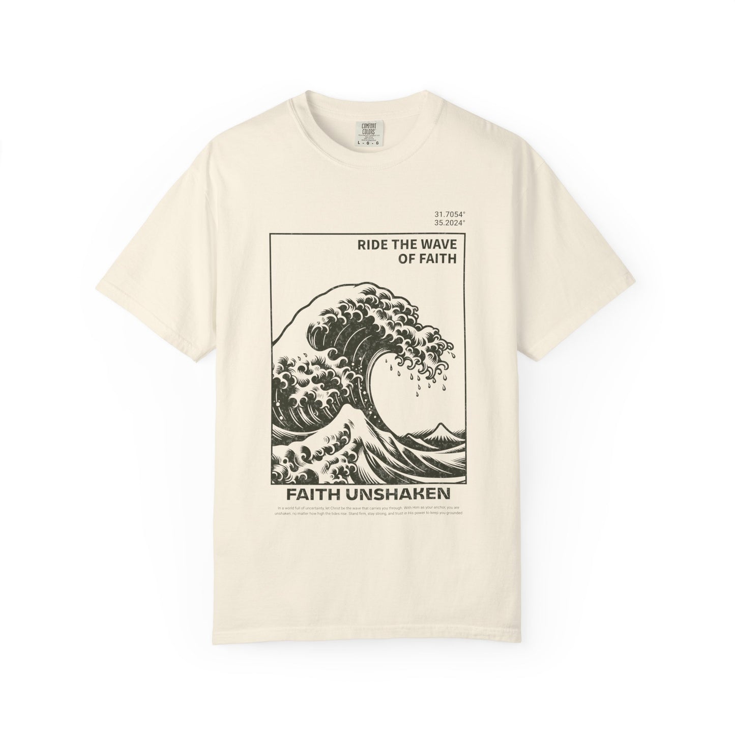 T-shirt with ocean wave design featuring 'Ride The Wave of Faith' and 'Faith Unshaken' text