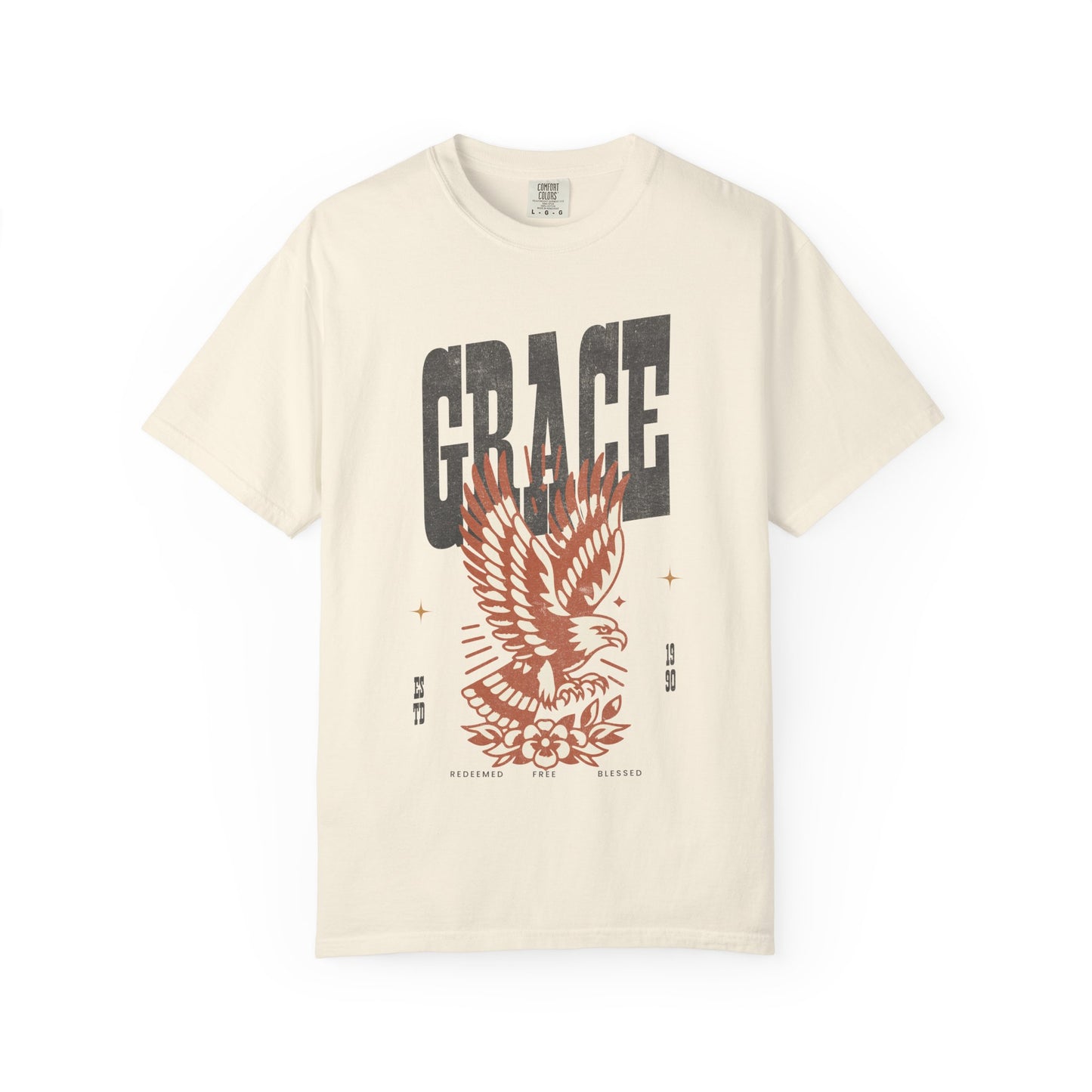 Christian t-shirt with vintage eagle design in orange and cream colors featuring Grace text and decorative elements