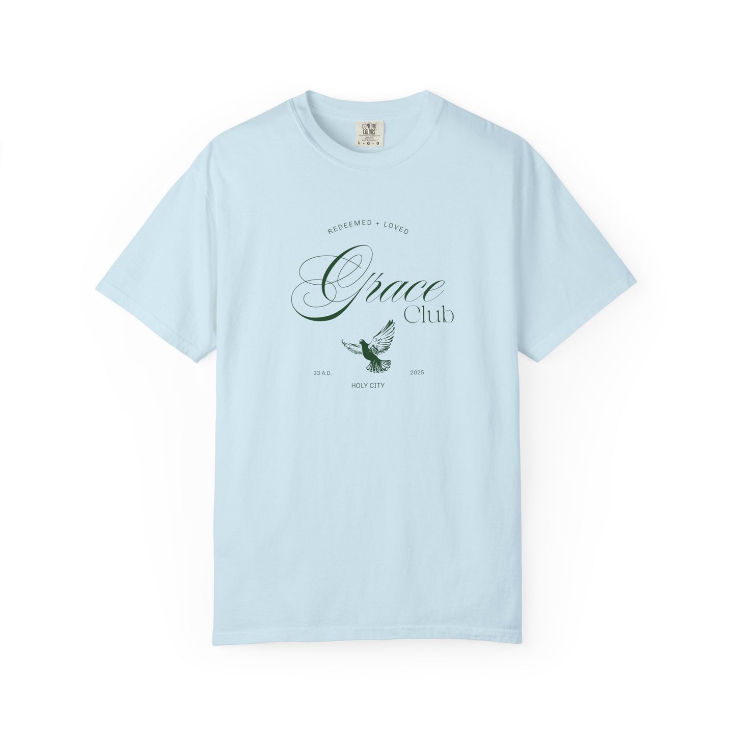 T-shirt with Grace Club text, dove symbol, and Redeemed + Loved message in elegant green design