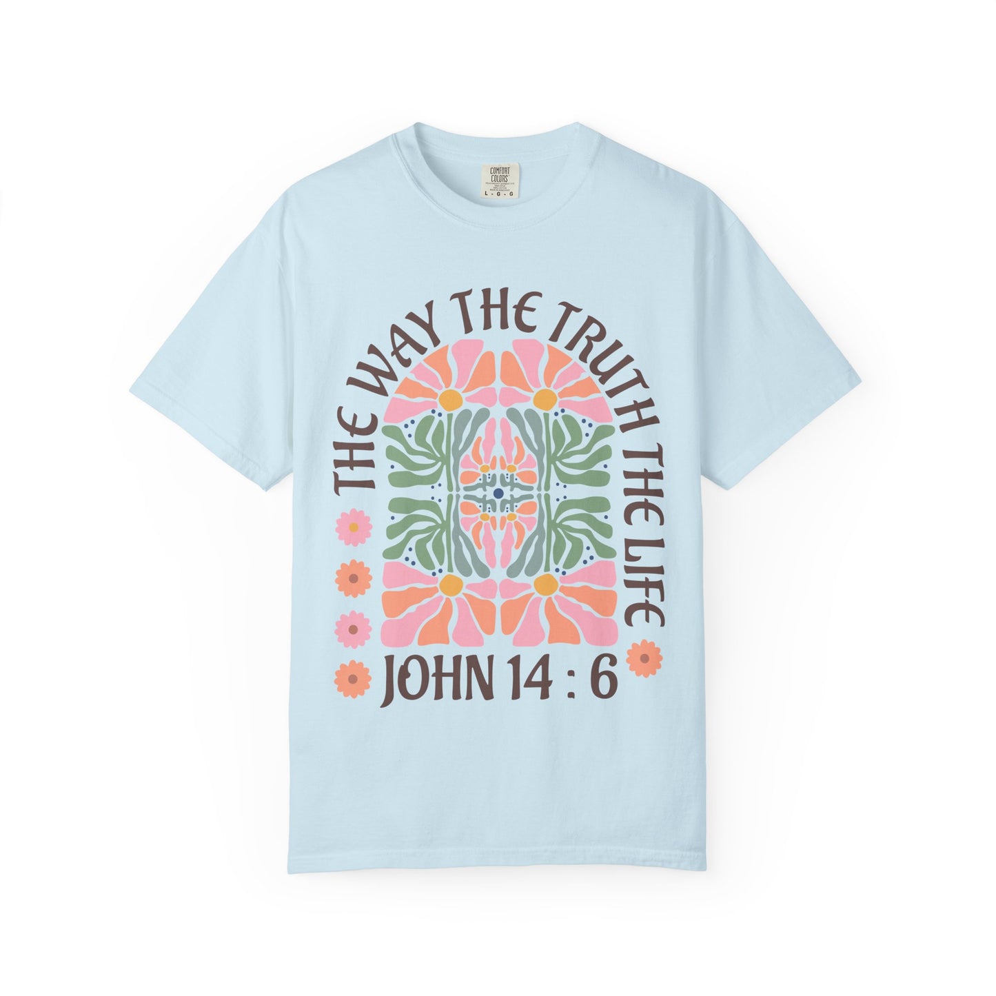 Christian t-shirt with John 14:6 verse and decorative floral mandala in pink, coral, and green