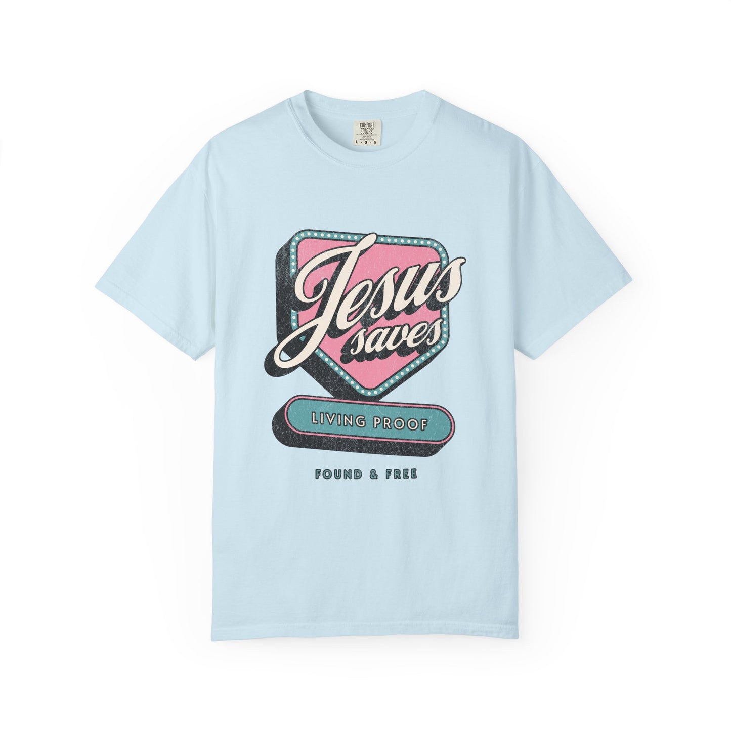 T-shirt with retro Jesus Saves design in pink and blue with distressed vintage styling