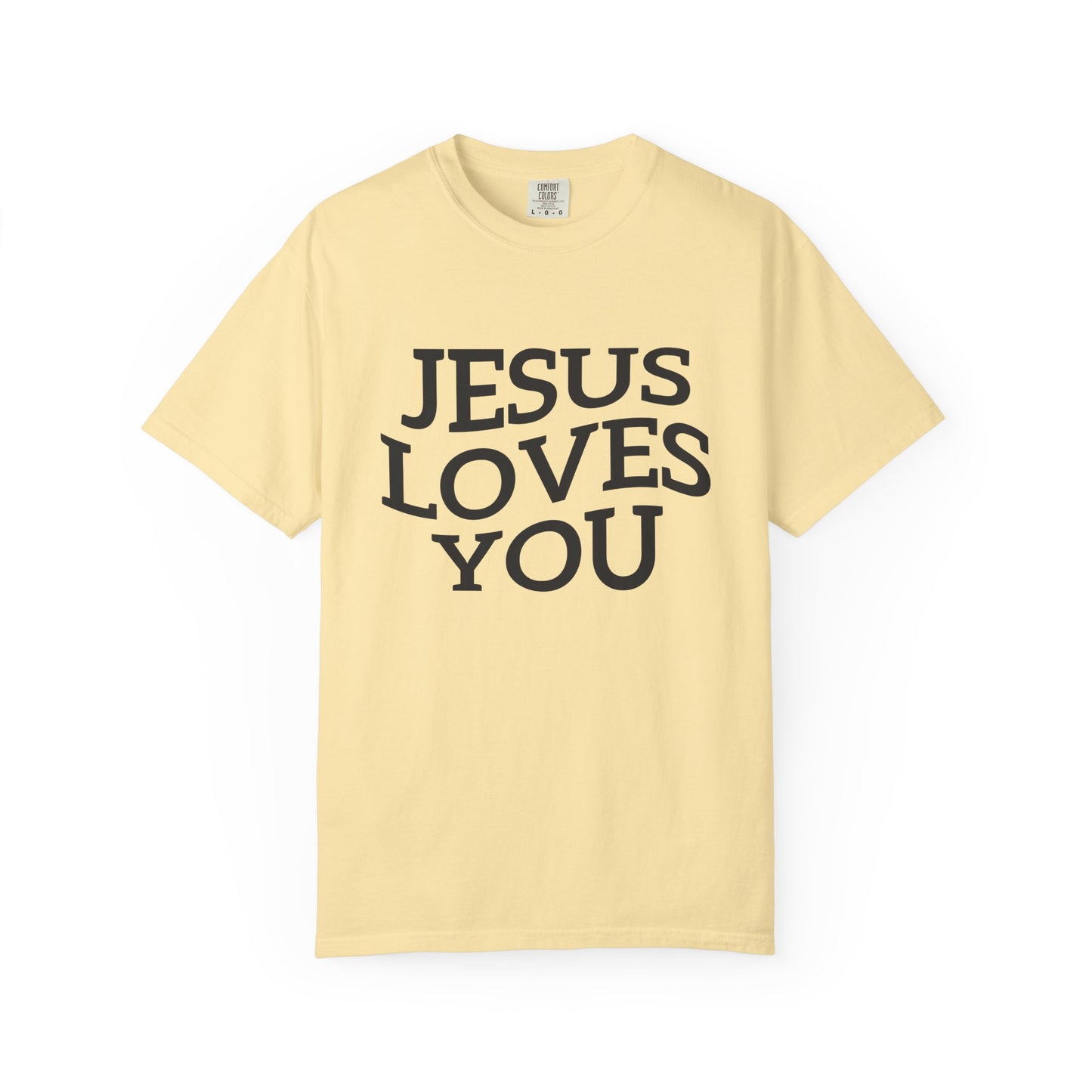 T-shirt with bold black text reading 'JESUS LOVES YOU' in large serif typography