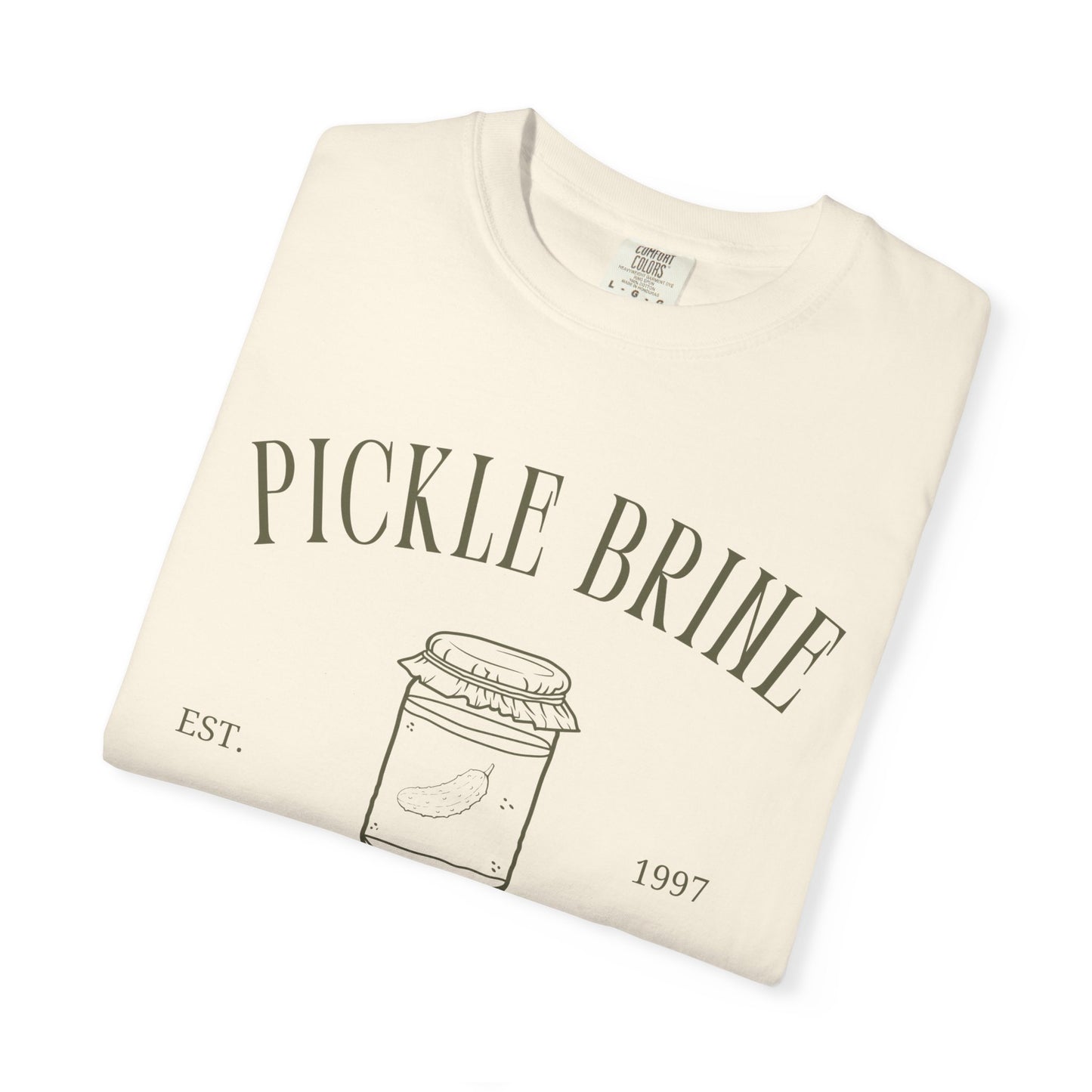 T-shirt with vintage pickle brine social club design featuring mason jar with pickle illustration