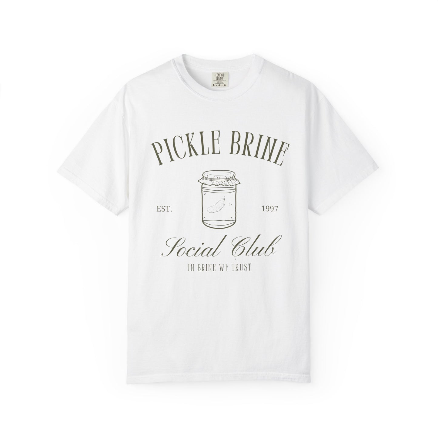 T-shirt with vintage pickle brine social club design featuring mason jar with pickle illustration