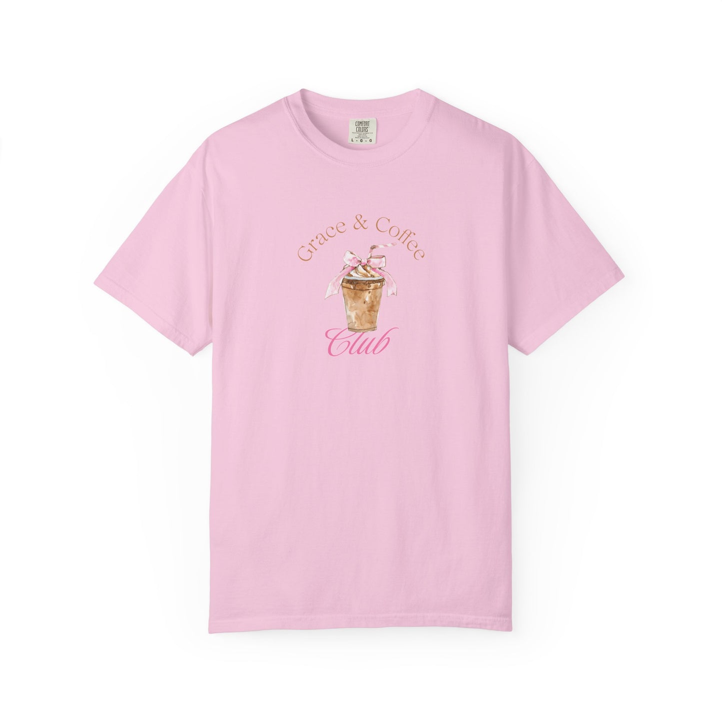 T-shirt with watercolor coffee cup design featuring pink bow and Grace & Coffee Club text