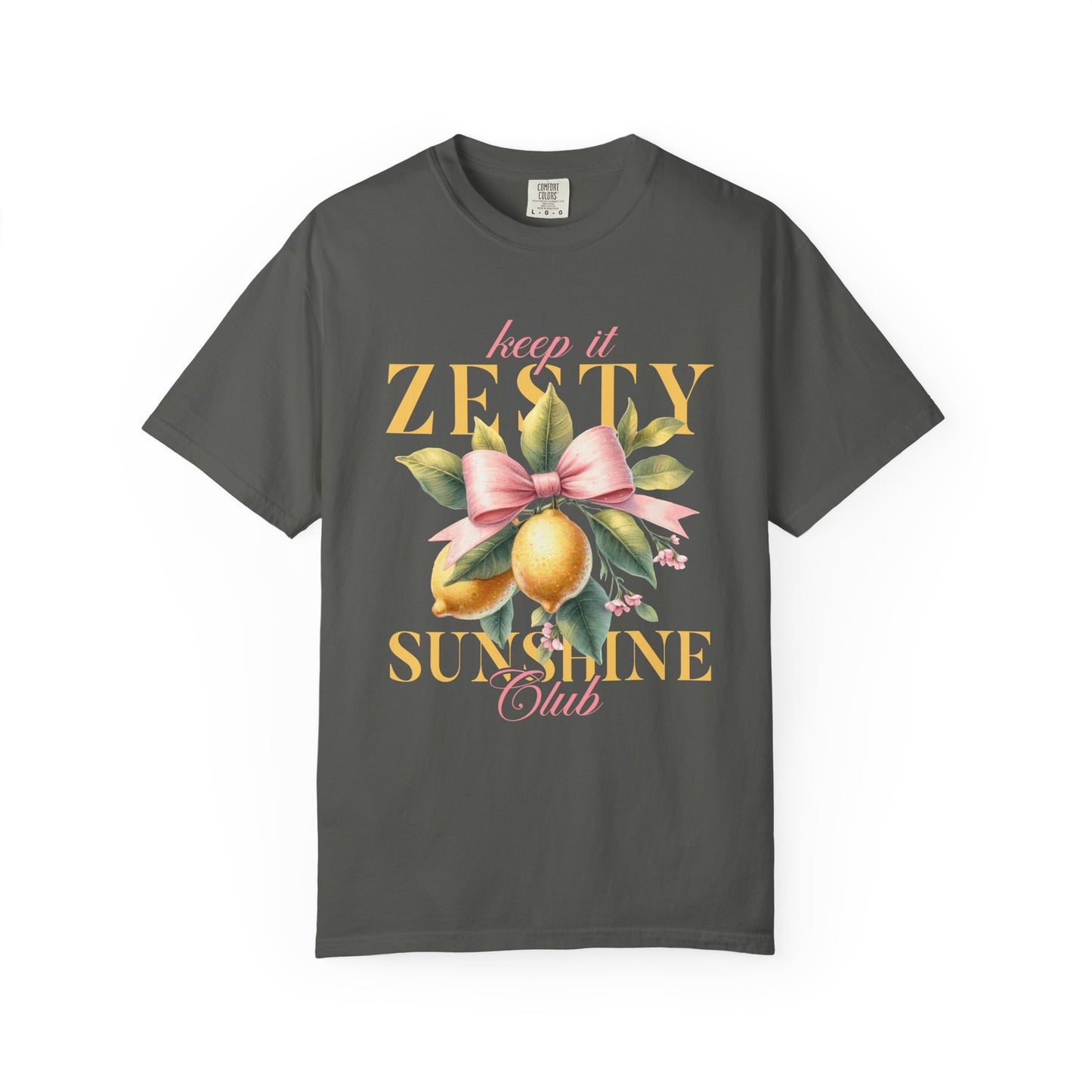 T-shirt with Keep It Zesty Sunshine Club text featuring watercolor lemons with pink bow and green leaves