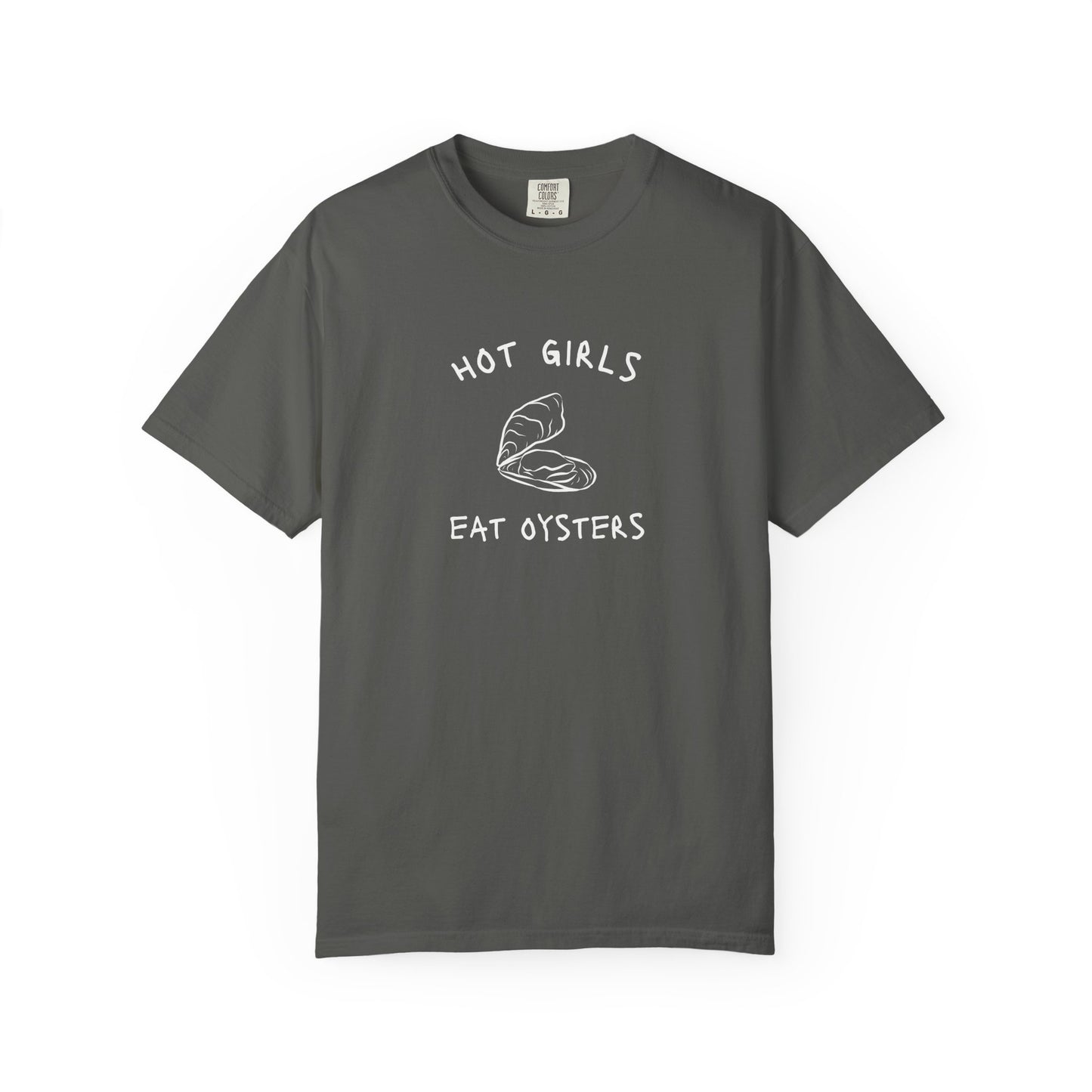 T-shirt with 'Hot Girls Eat Oysters' text and minimalist oyster shell illustration in blue tones