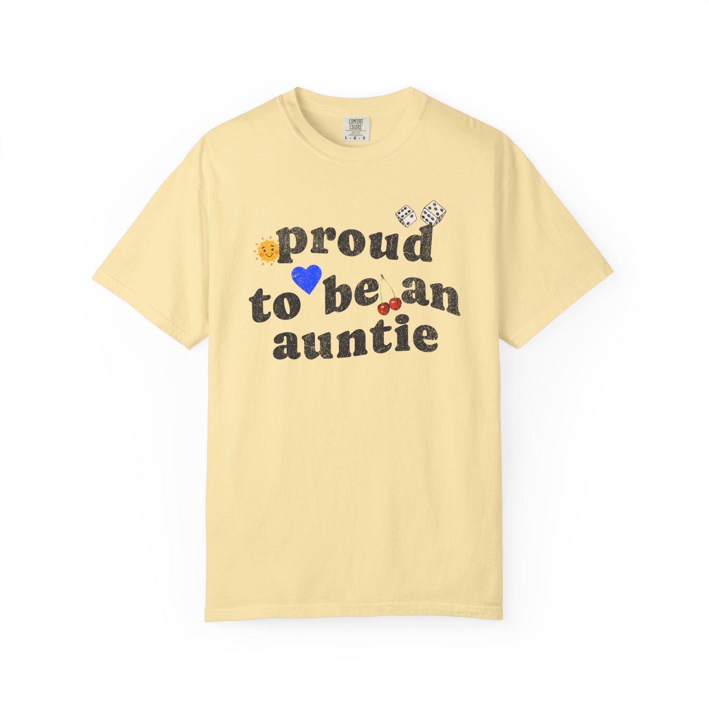 T-shirt with distressed text 'proud to be an auntie' featuring sun, heart, dice and cherries