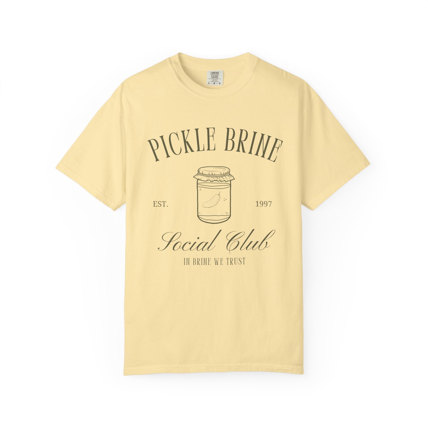 T-shirt with vintage pickle brine social club design featuring mason jar with pickle illustration