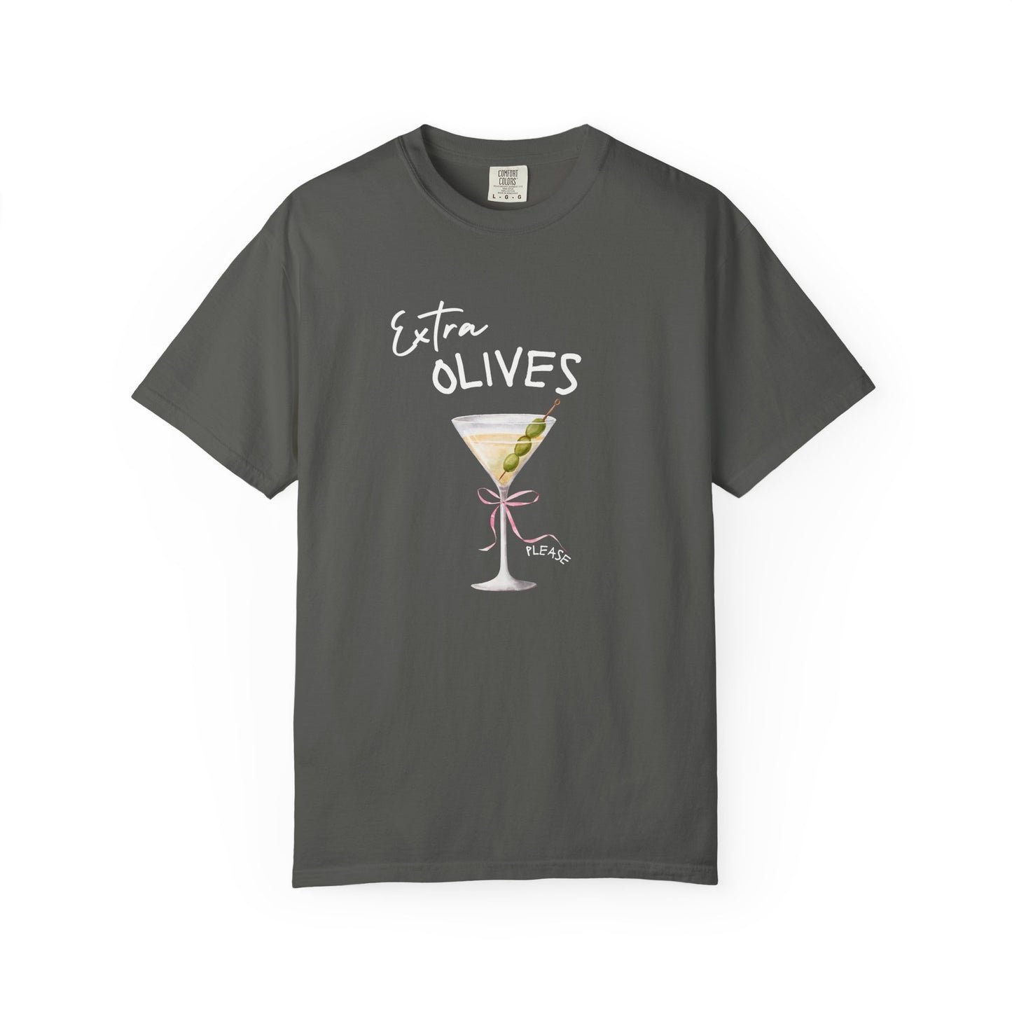 T-shirt design with martini glass, green olives, and pink bow saying Extra Olives Please