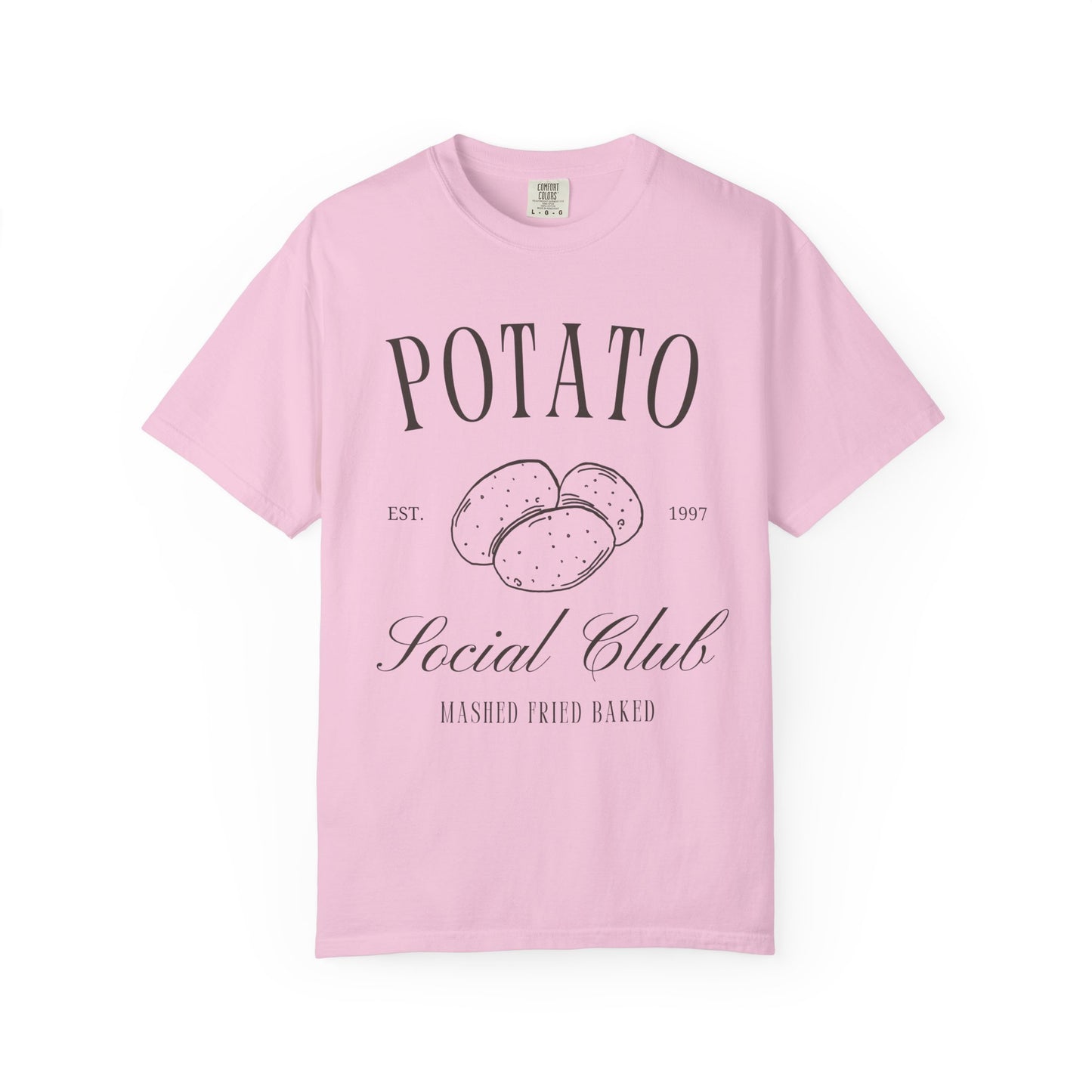 T-shirt with vintage Potato Social Club design featuring hand-drawn potatoes and brown text