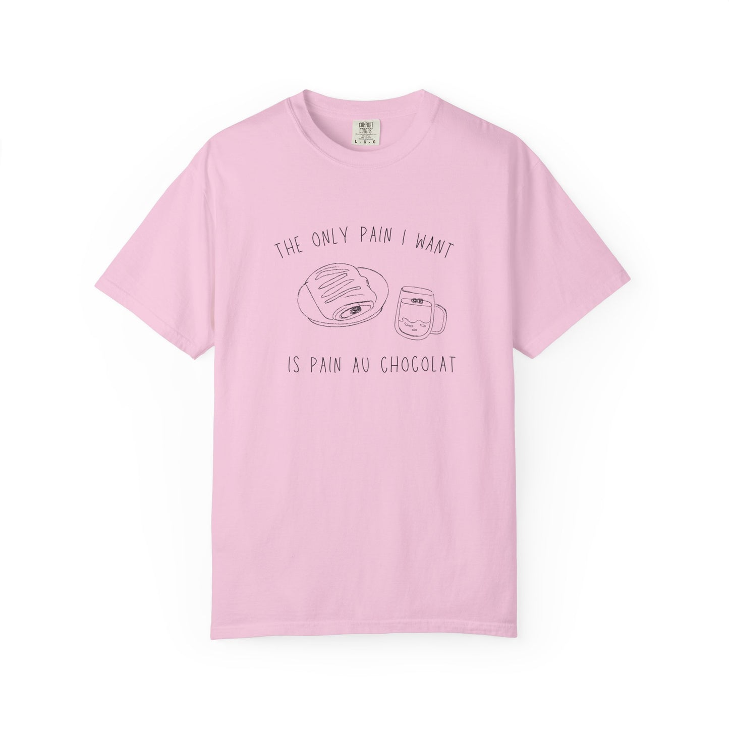 T-shirt with hand-drawn croissant and coffee cup illustration and funny baking text