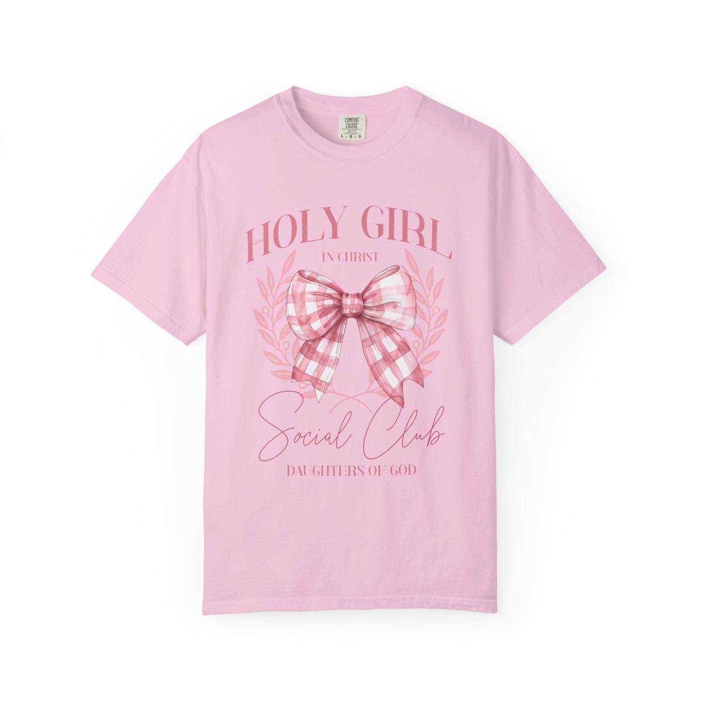 Tshirt with Holy Girl Social Club design featuring pink gingham bow and floral elements