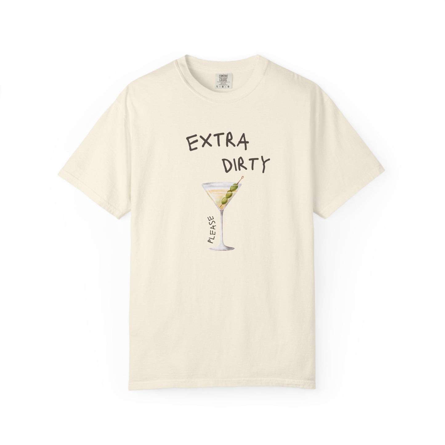 T-shirt design with martini glass filled with clear liquid and three green olives on a pick