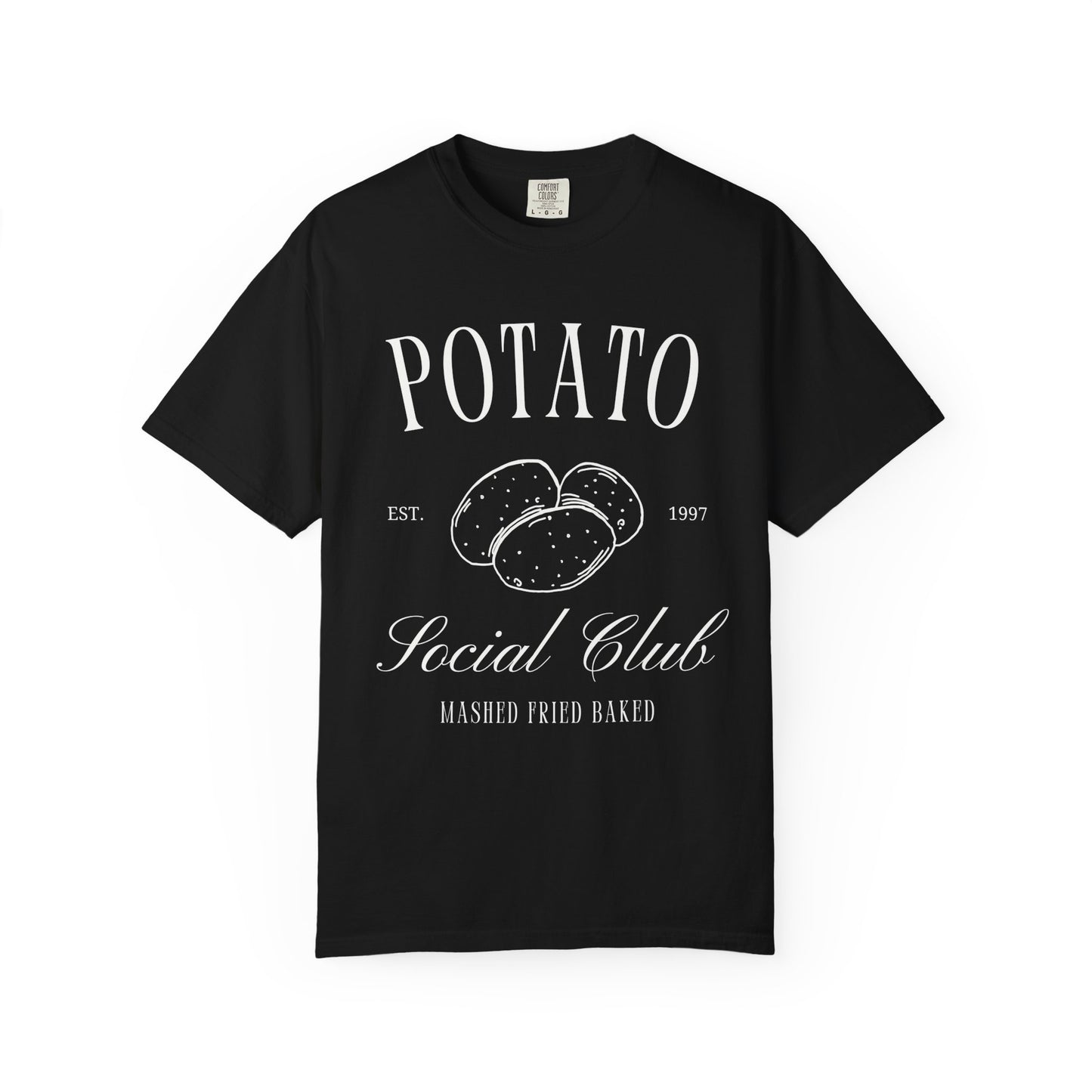 T-shirt with vintage Potato Social Club design featuring hand-drawn potatoes and brown text