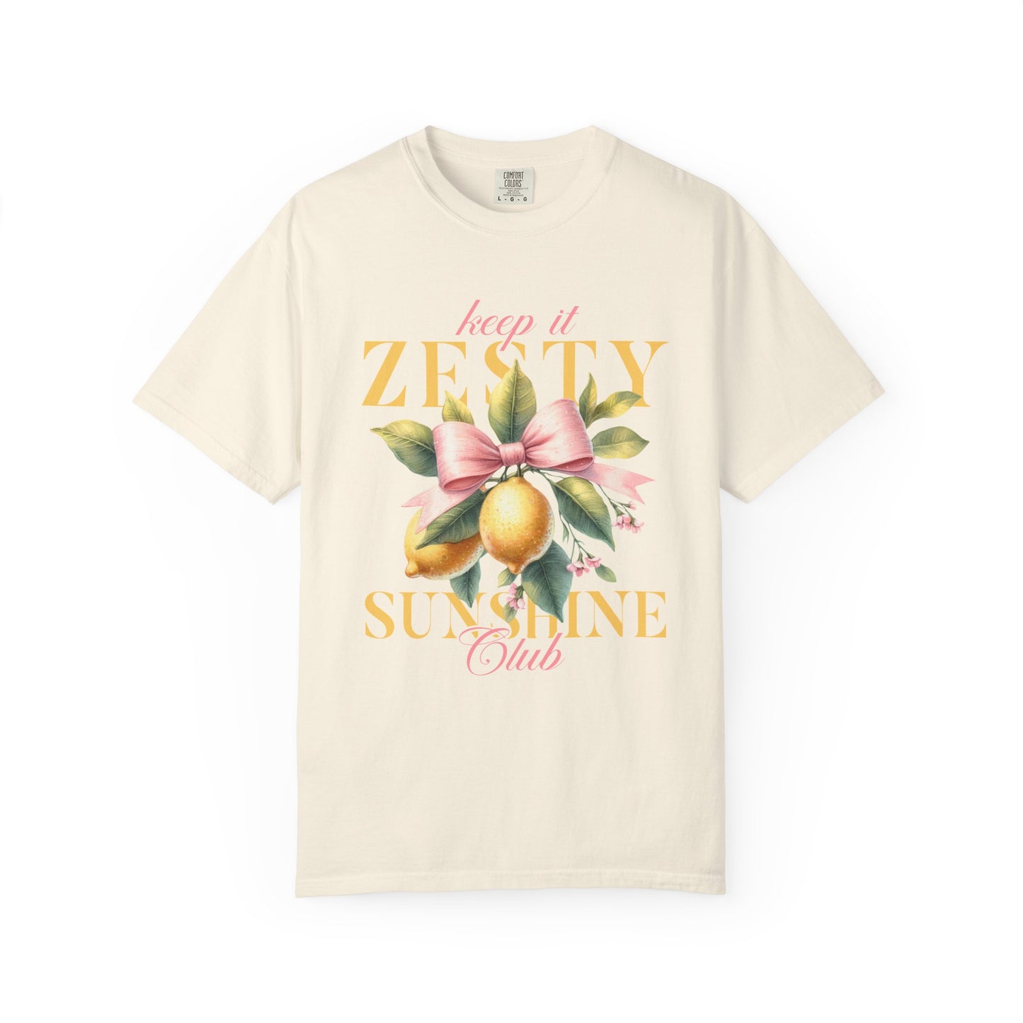 T-shirt with Keep It Zesty Sunshine Club text featuring watercolor lemons with pink bow and green leaves